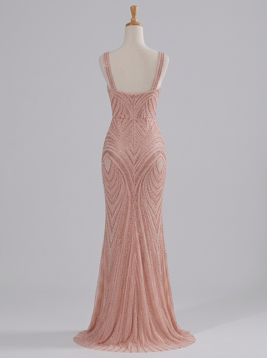 Dusty Rose Beaded Square Neck Mermaid Floor‑Length Maxi Dress
