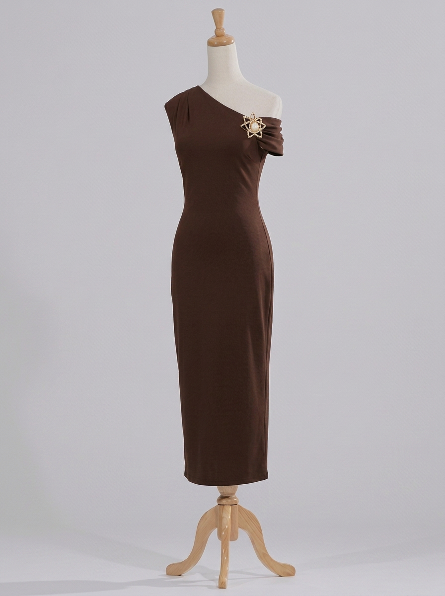 Chocolate Brown Asymmetric Off‑Shoulder Crepe Tea‑Length Midi Dress