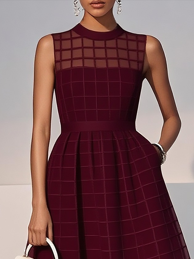 Black Organza Mesh Plaid Classic Crew Neck Sleeveless A-Line Midi Dress