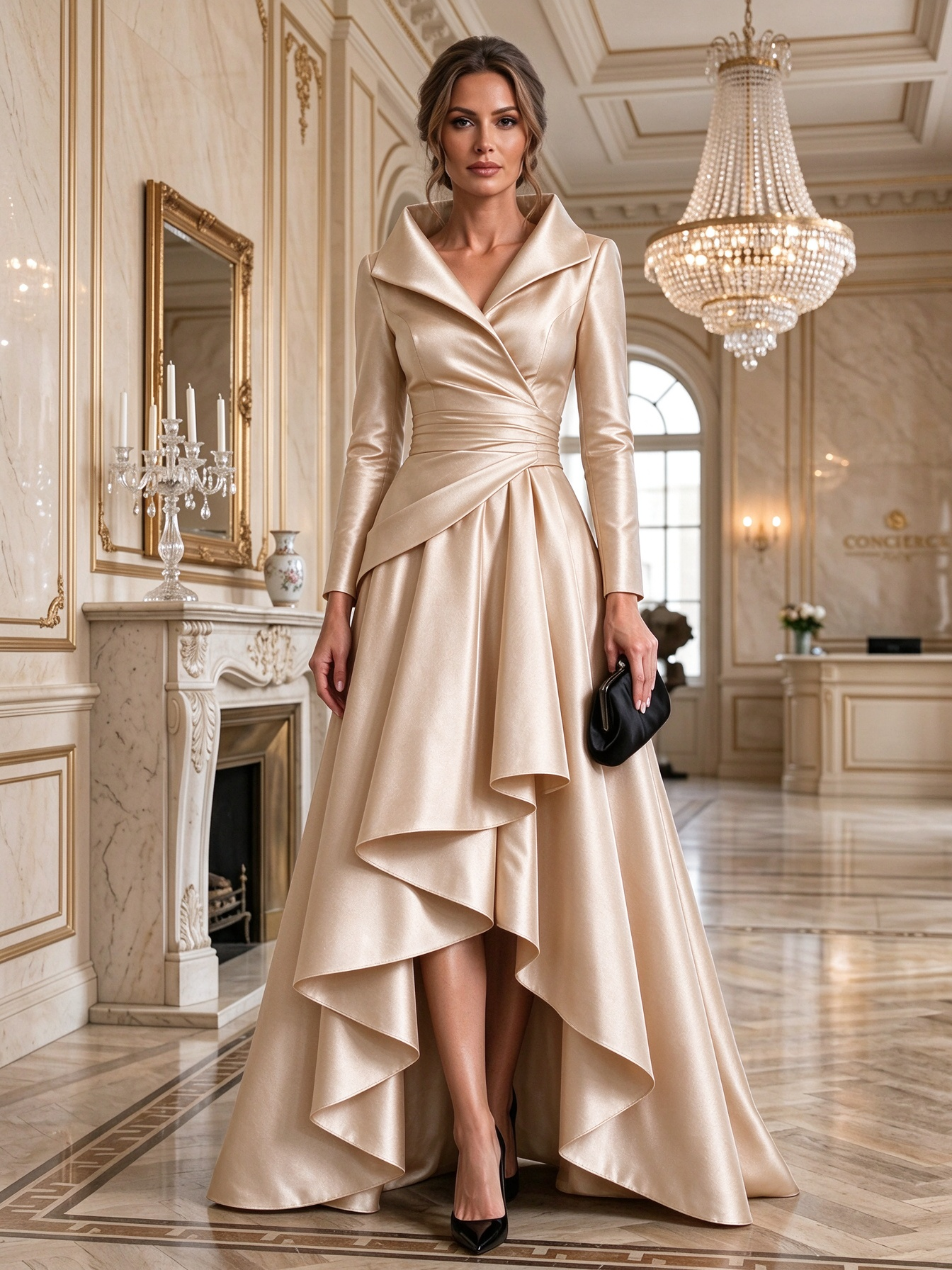 Burgundy Shawl Collar Long Sleeve Asymmetric Ruffle Maxi Dress