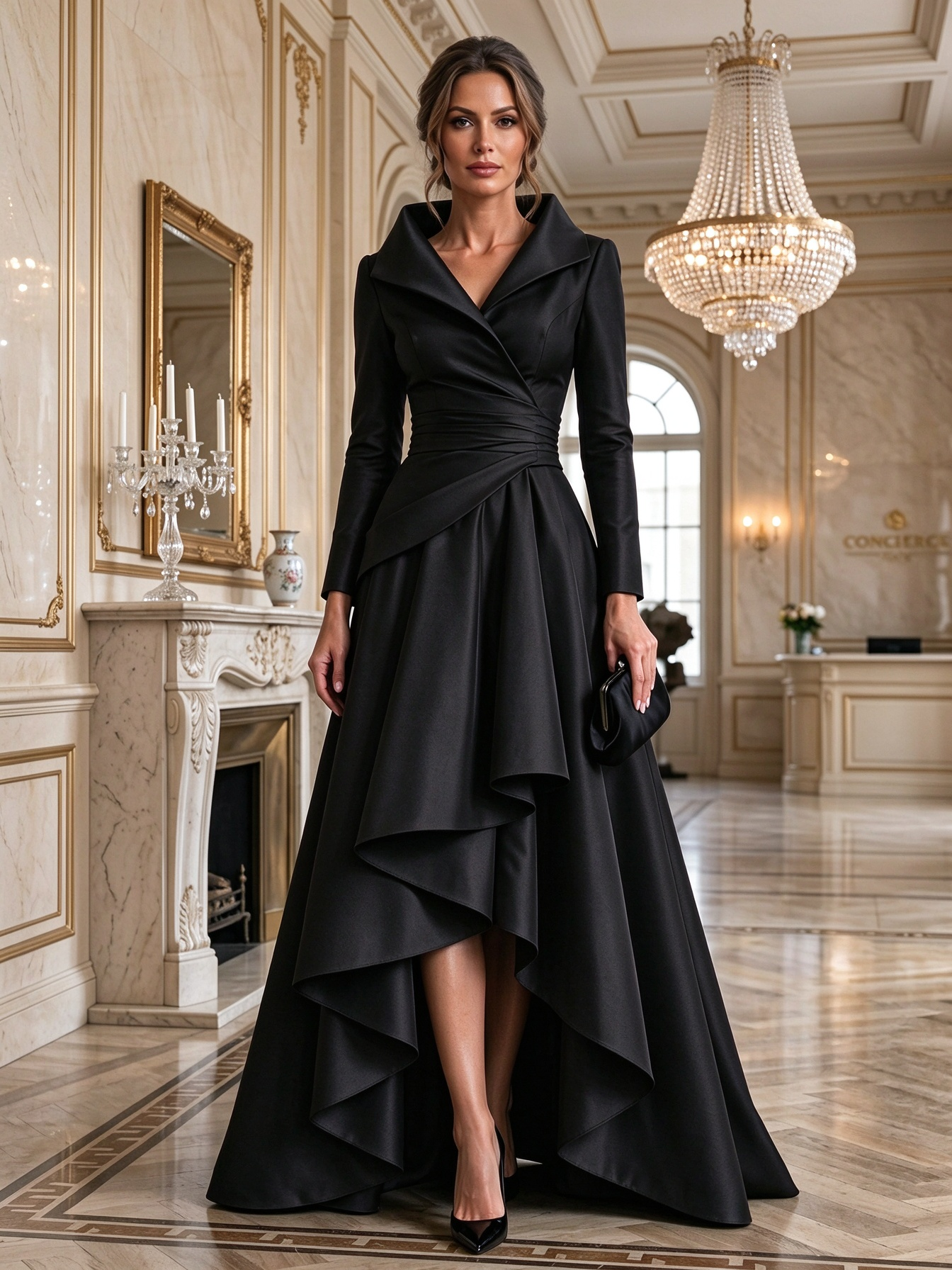 Burgundy Shawl Collar Long Sleeve Asymmetric Ruffle Maxi Dress