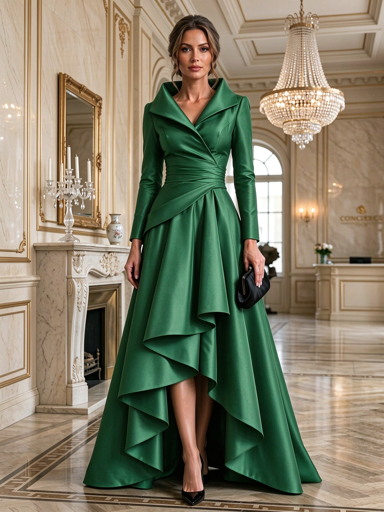 Burgundy Shawl Collar Long Sleeve Asymmetric Ruffle Maxi Dress