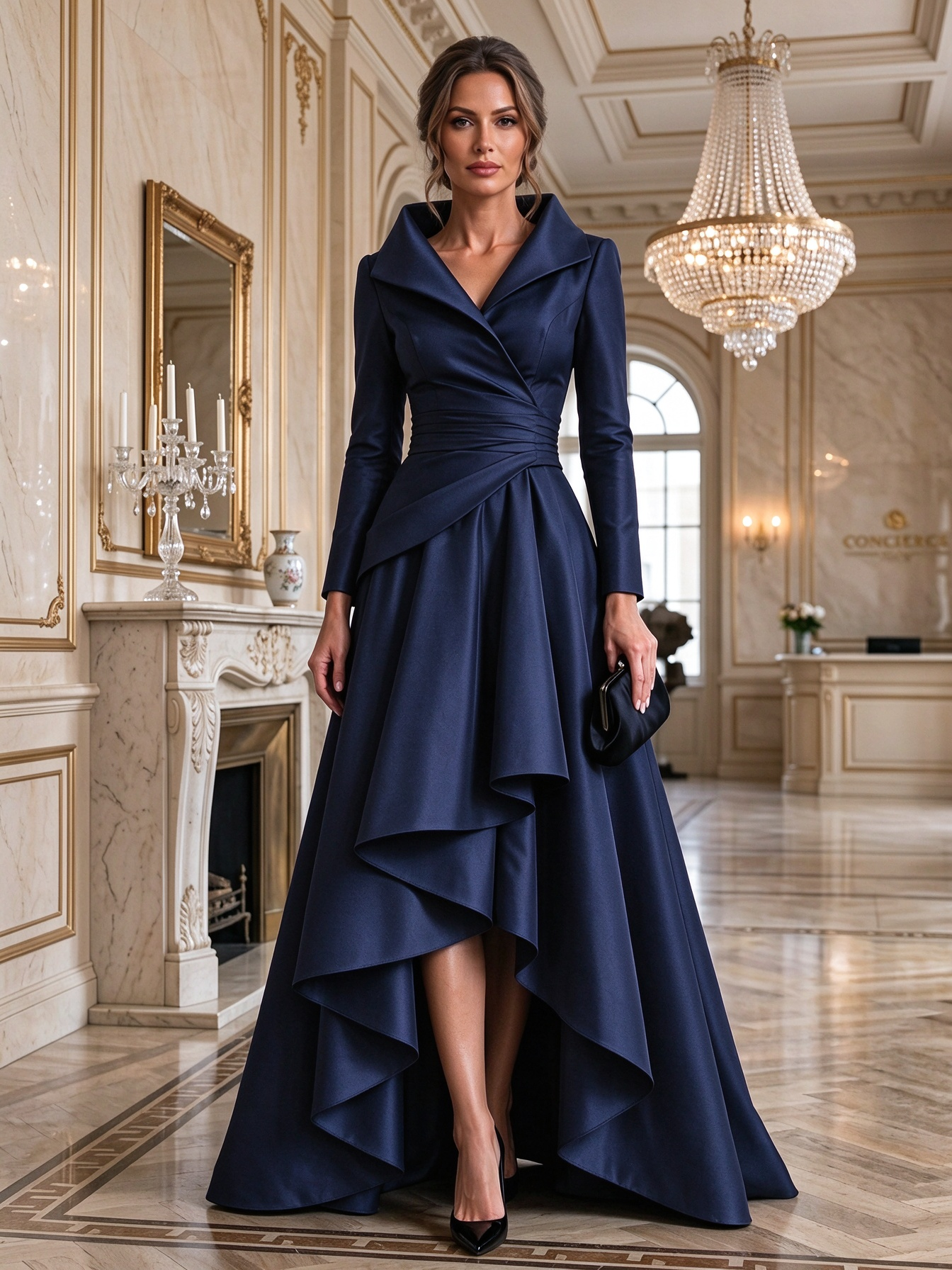 Burgundy Shawl Collar Long Sleeve Asymmetric Ruffle Maxi Dress