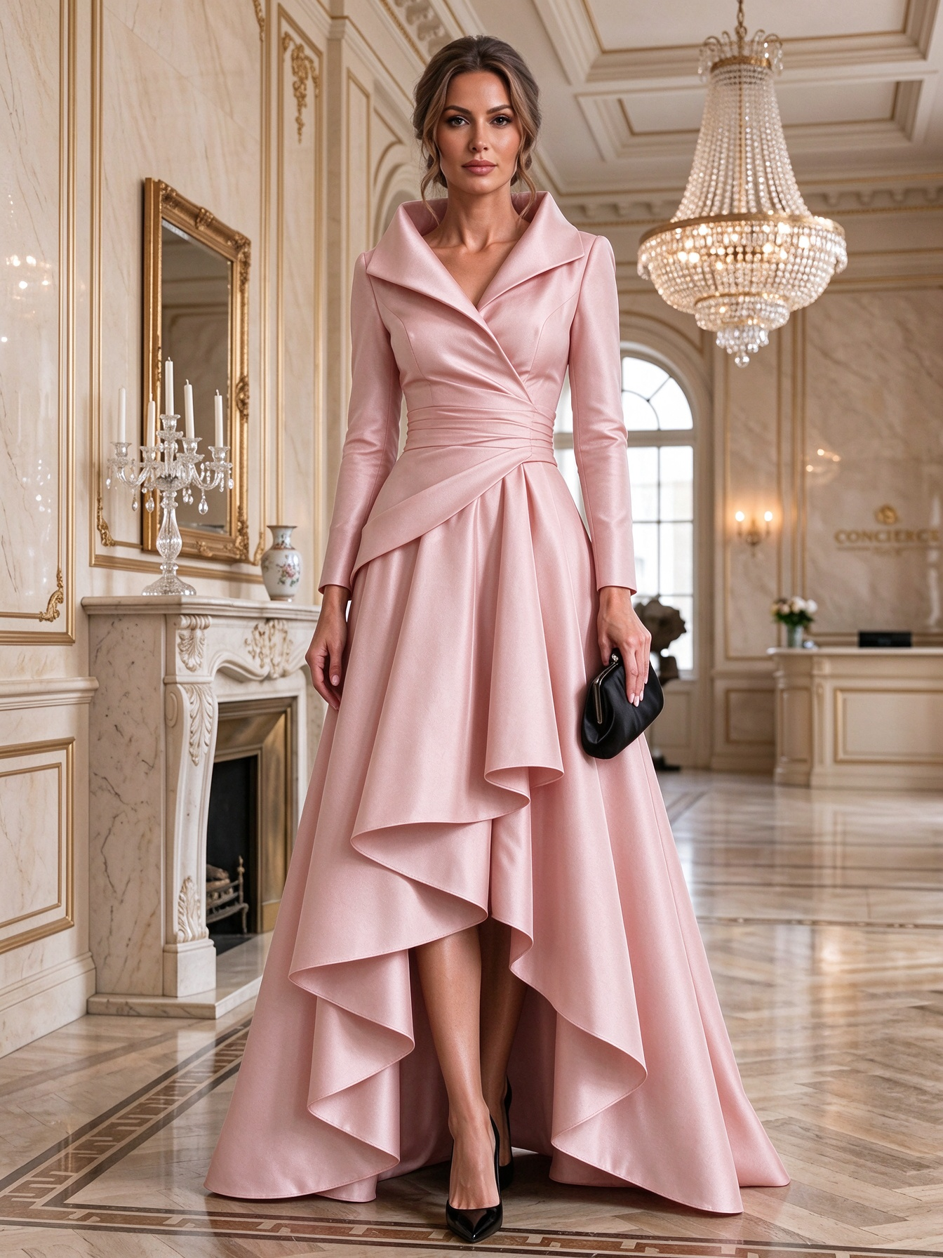 Burgundy Shawl Collar Long Sleeve Asymmetric Ruffle Maxi Dress