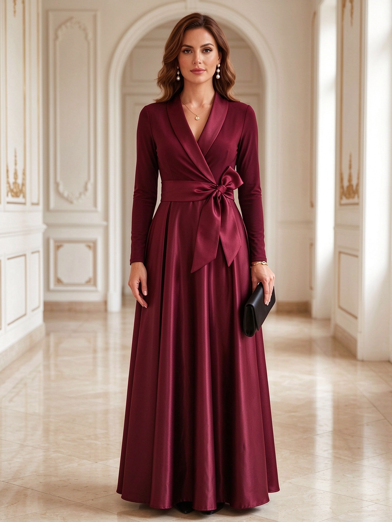 Black Shawl Collar Long Sleeve Bow Sash Satin A-Line Maxi Dress