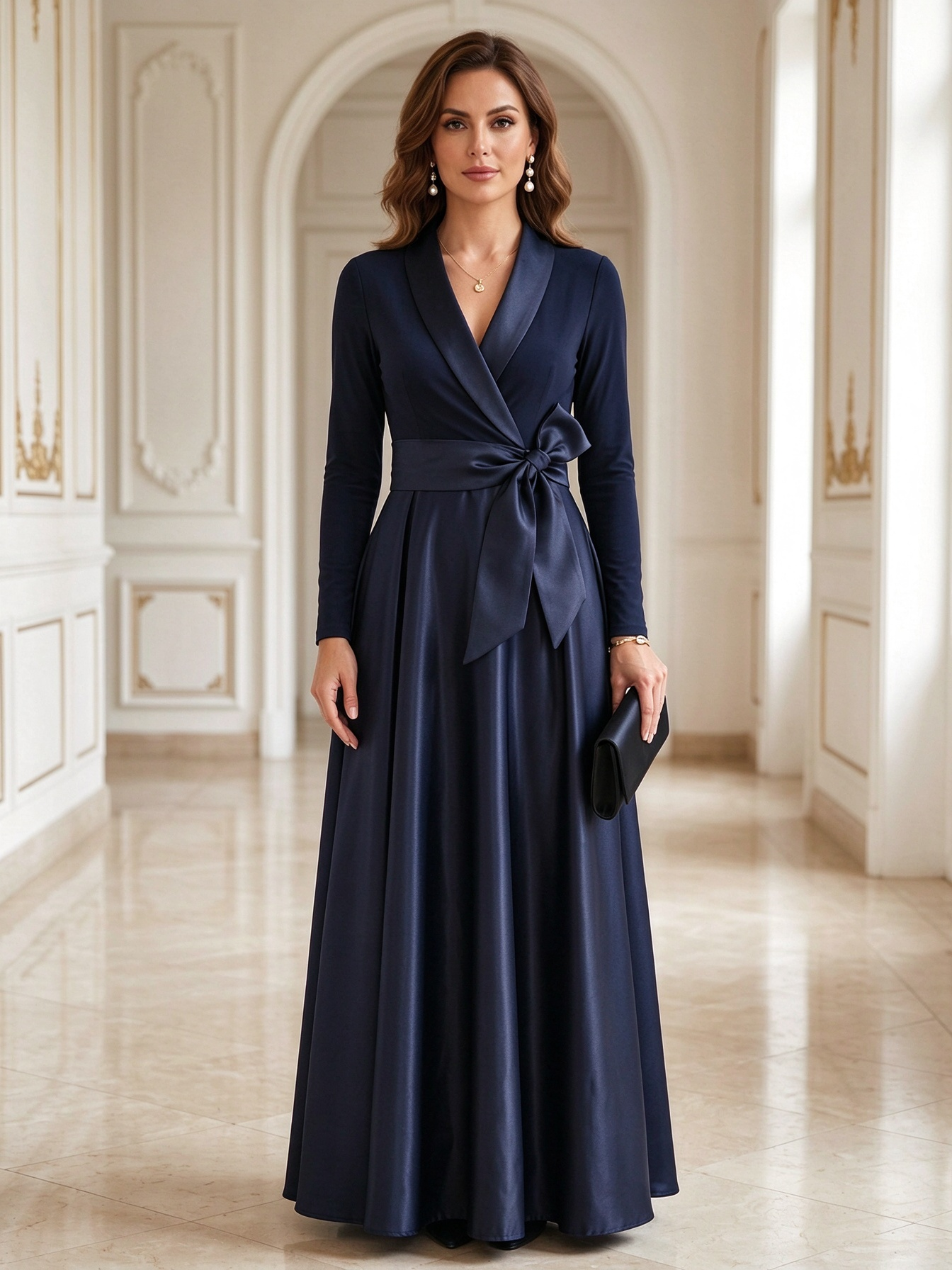 Black Shawl Collar Long Sleeve Bow Sash Satin A-Line Maxi Dress