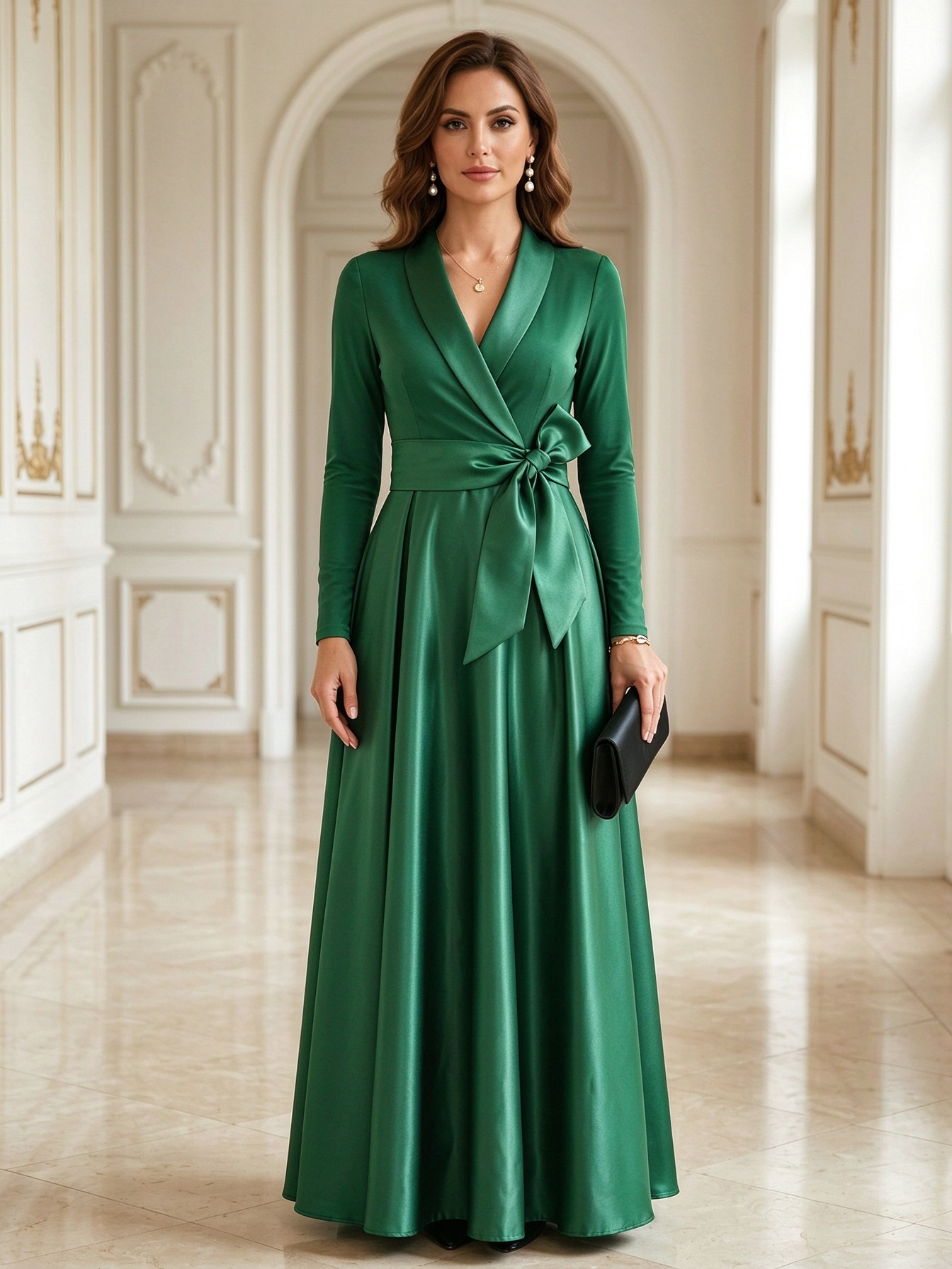 Black Shawl Collar Long Sleeve Bow Sash Satin A-Line Maxi Dress