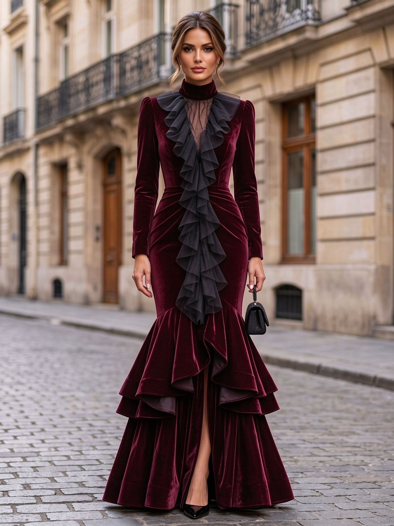 Black Velvet High Neck Ruffle Slit Mermaid Maxi Dress