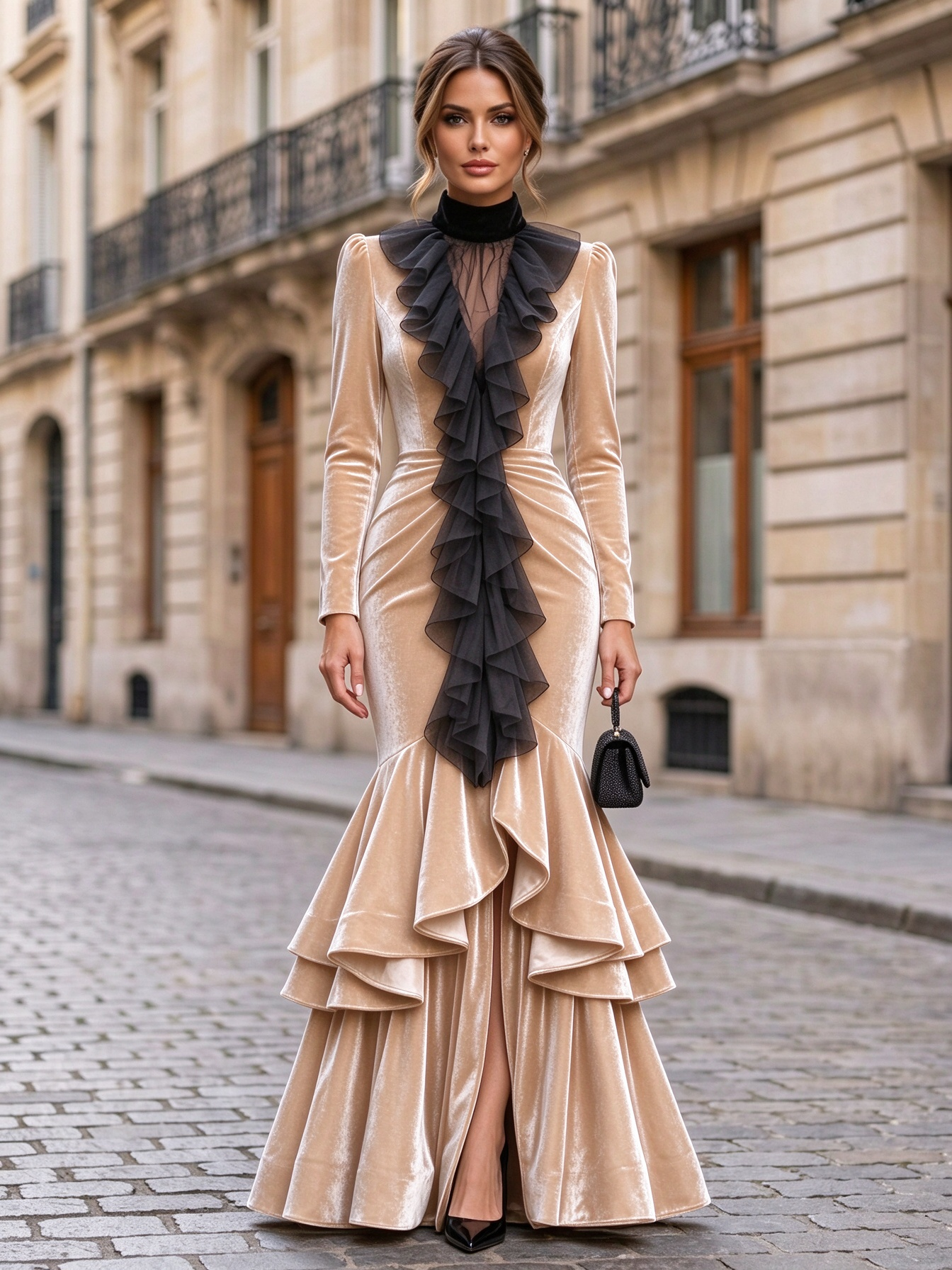 Black Velvet High Neck Ruffle Slit Mermaid Maxi Dress