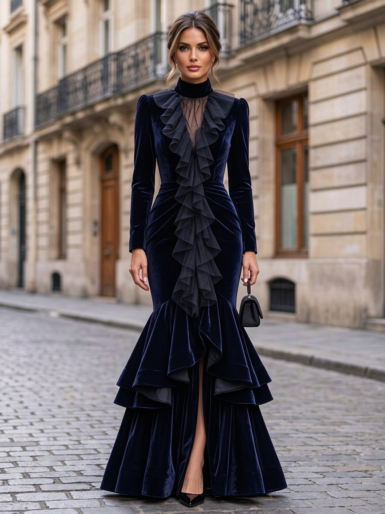 Black Velvet High Neck Ruffle Slit Mermaid Maxi Dress
