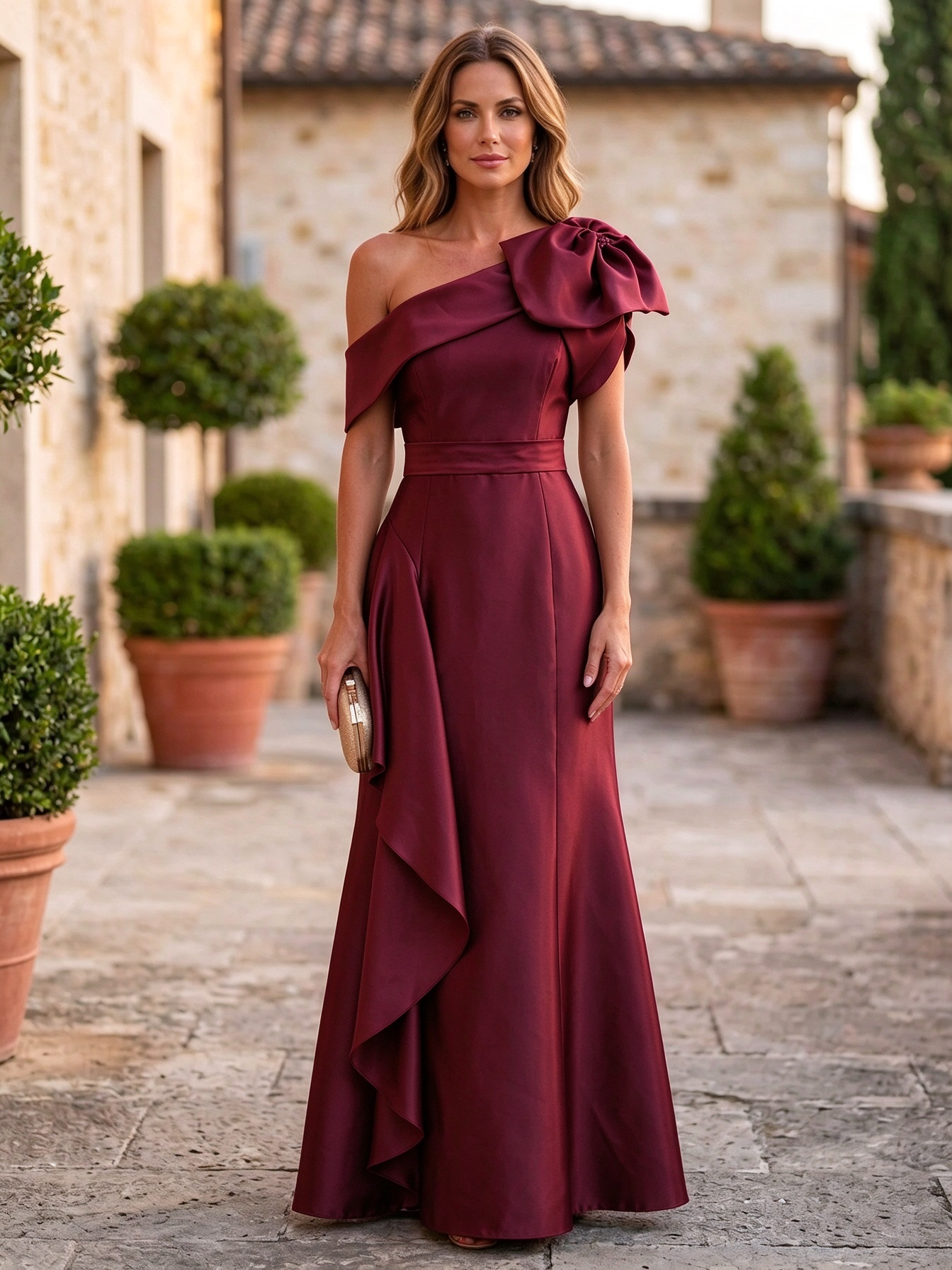 Olive Green One-Shoulder Bow Draped Ruffle Mermaid Maxi Dress