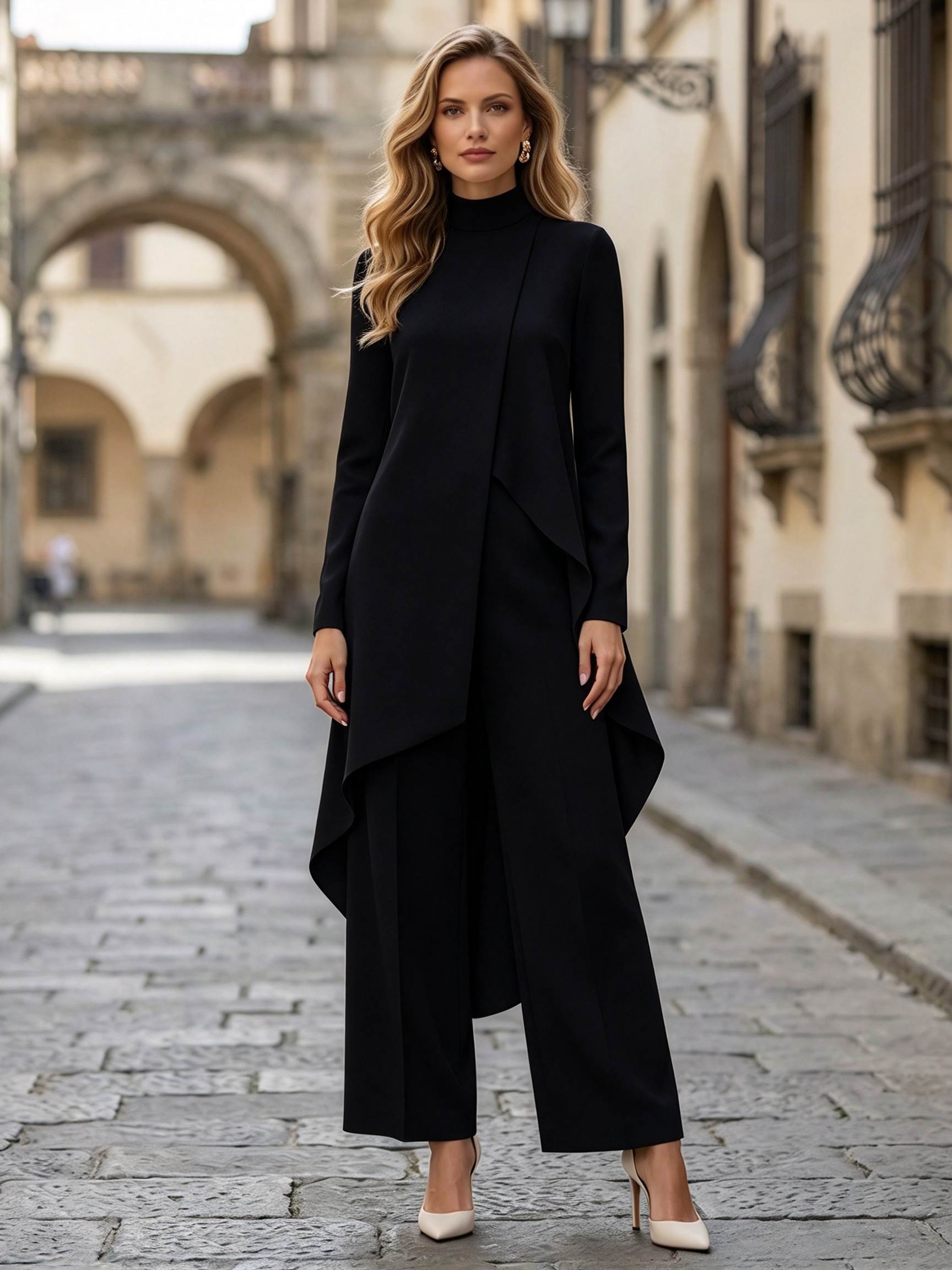 Ivory High Neck Long Sleeve Draped Wide Leg Jumpsuit