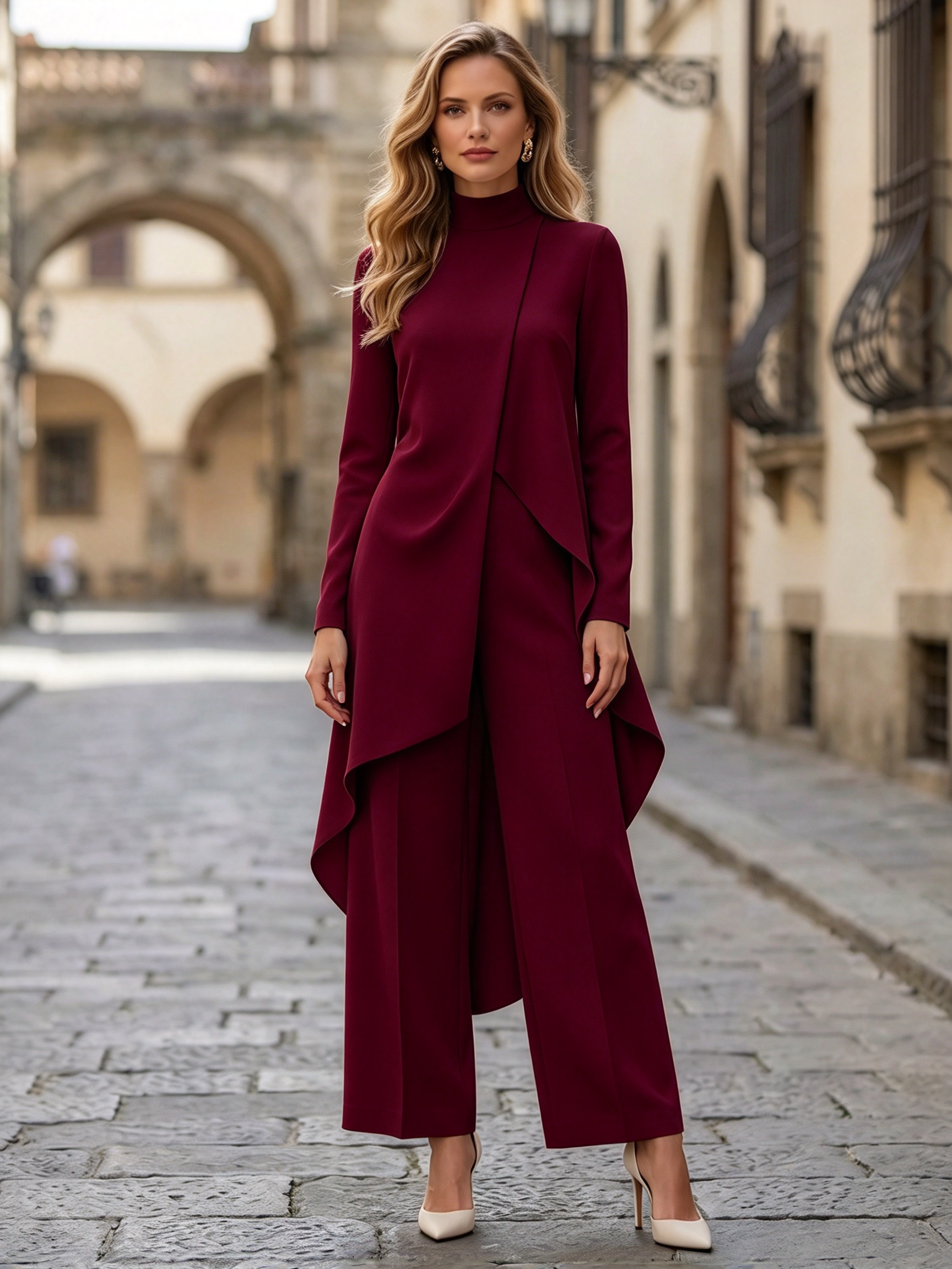 Ivory High Neck Long Sleeve Draped Wide Leg Jumpsuit