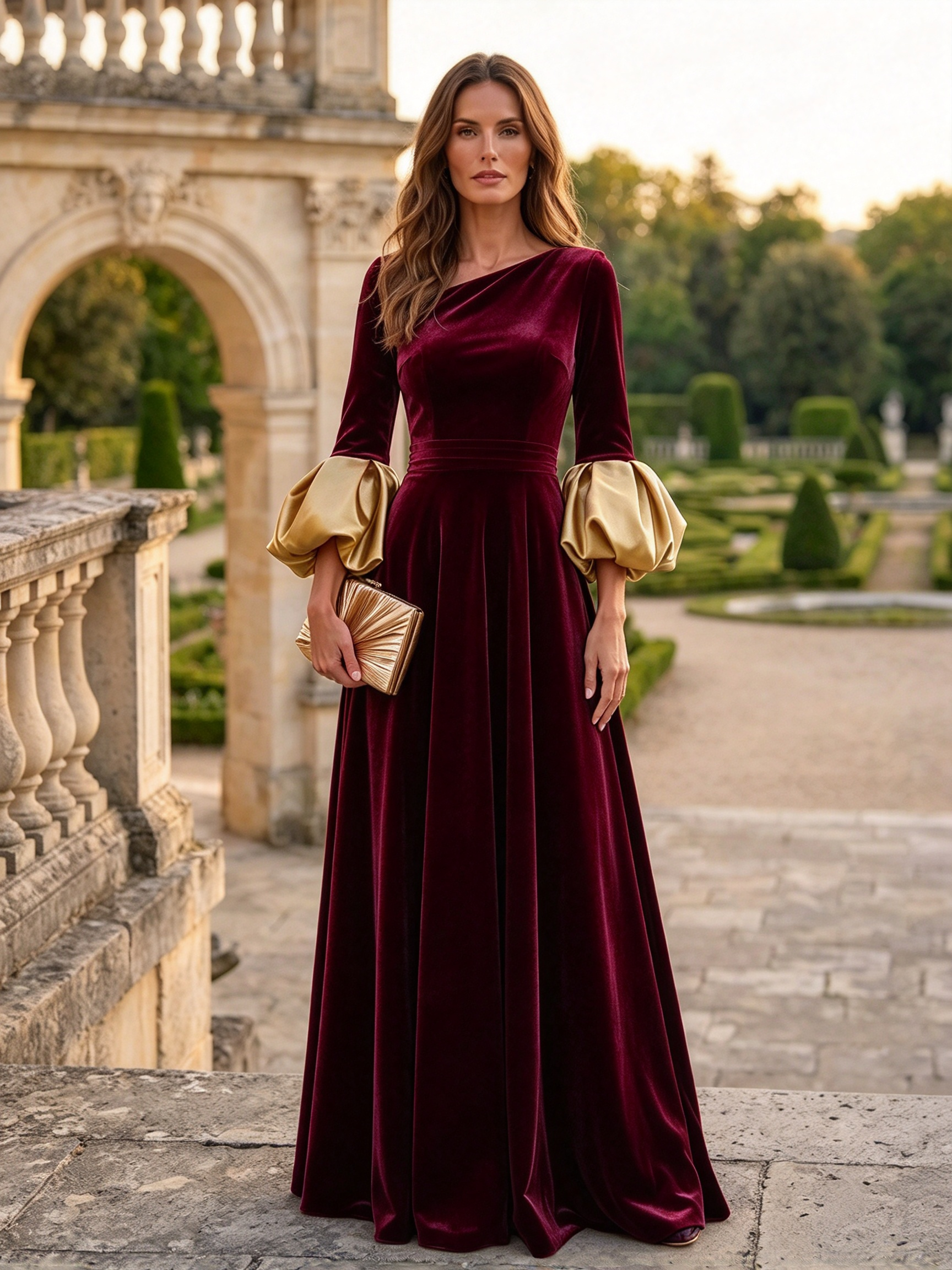 Black Velvet Asymmetric Neck Puff Cuff A-Line Maxi Dress