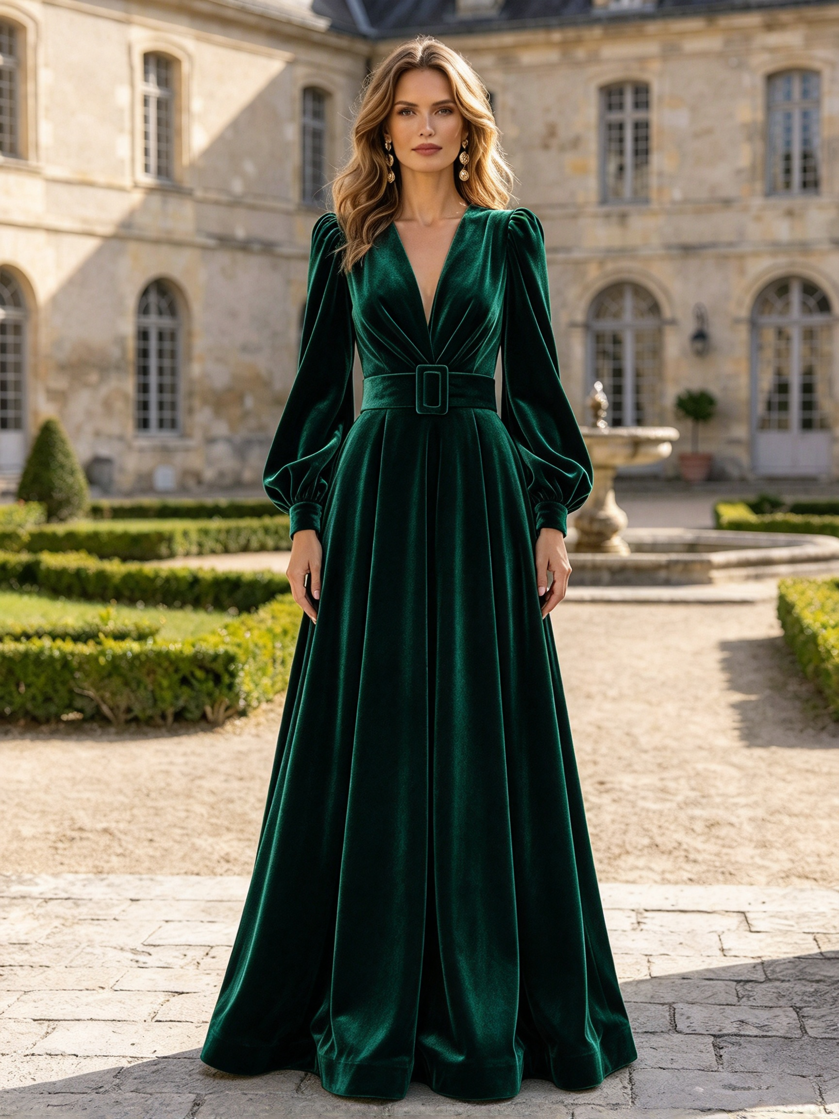 Burgundy Velvet V-Neck Long Sleeve Belted A-Line Maxi Dress