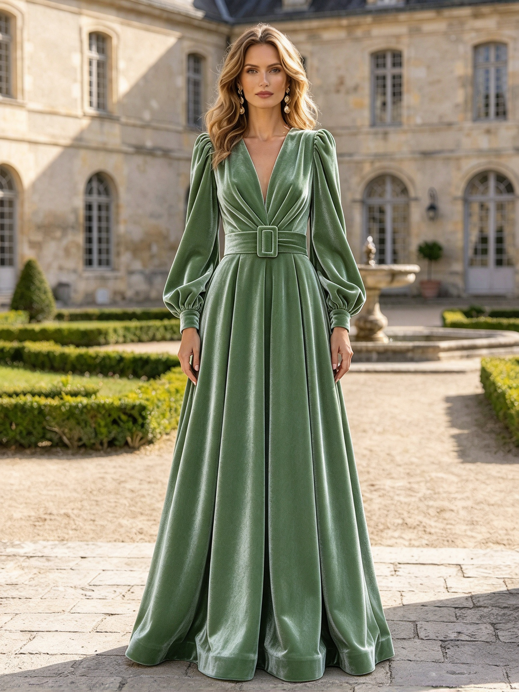 Burgundy Velvet V-Neck Long Sleeve Belted A-Line Maxi Dress