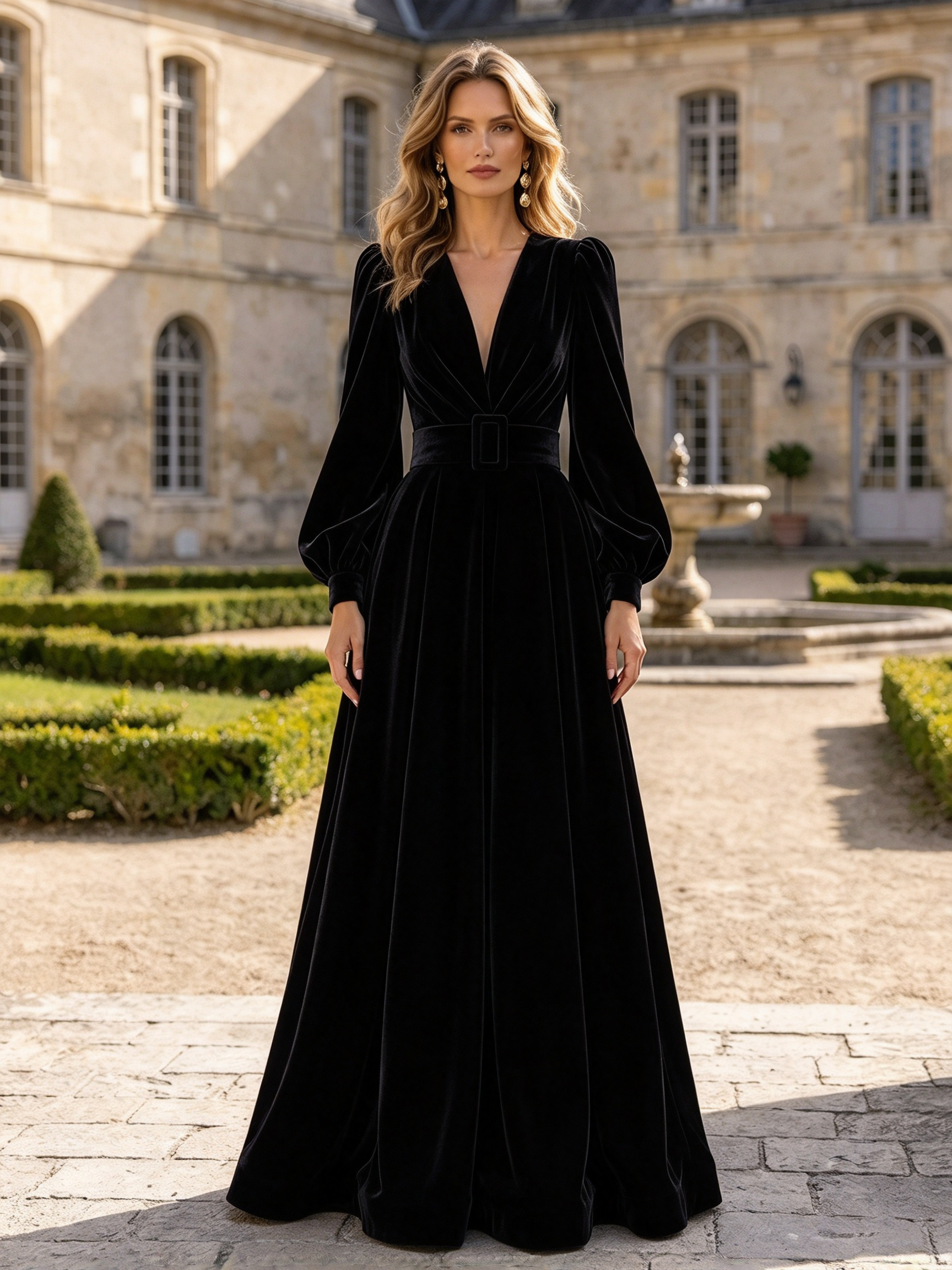 Burgundy Velvet V-Neck Long Sleeve Belted A-Line Maxi Dress