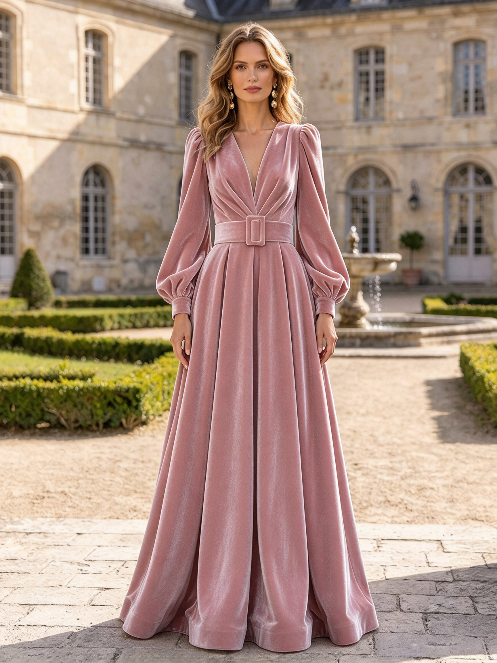 Burgundy Velvet V-Neck Long Sleeve Belted A-Line Maxi Dress