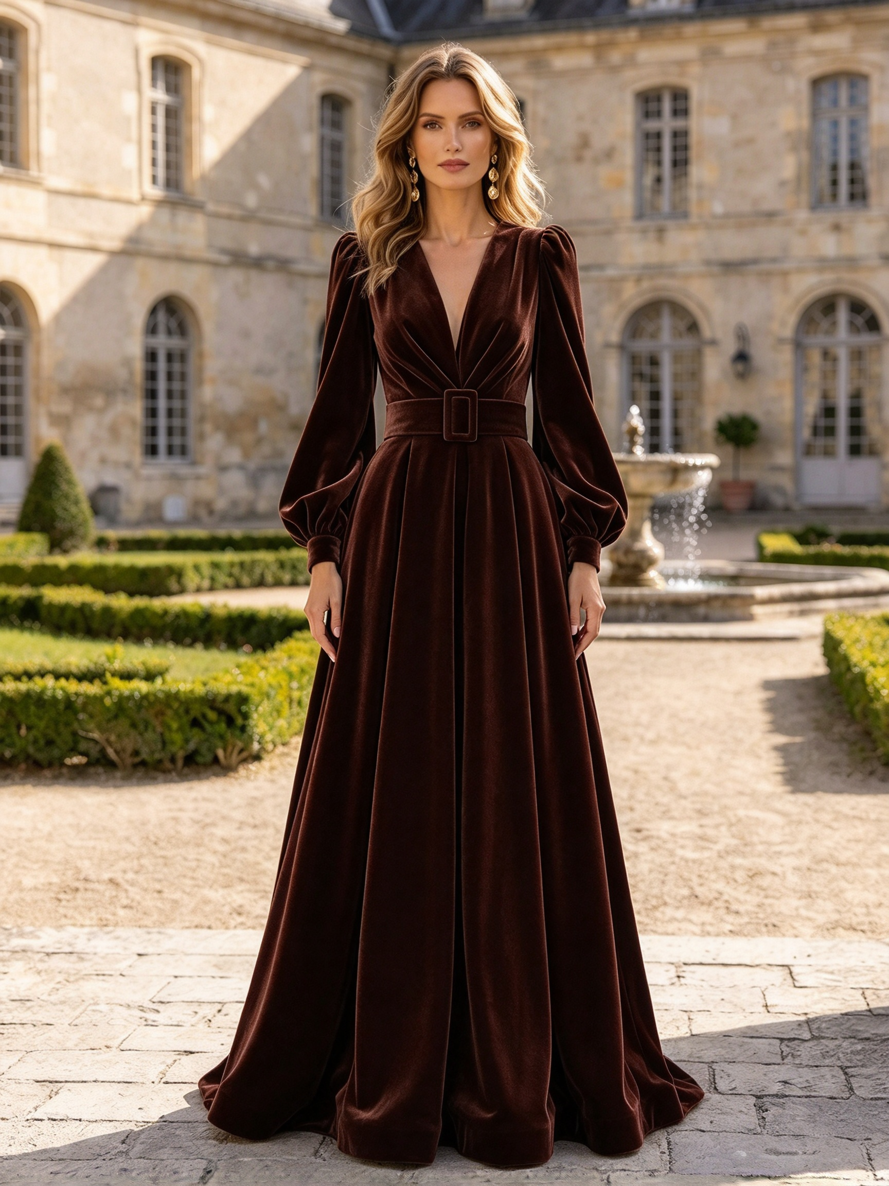 Burgundy Velvet V-Neck Long Sleeve Belted A-Line Maxi Dress