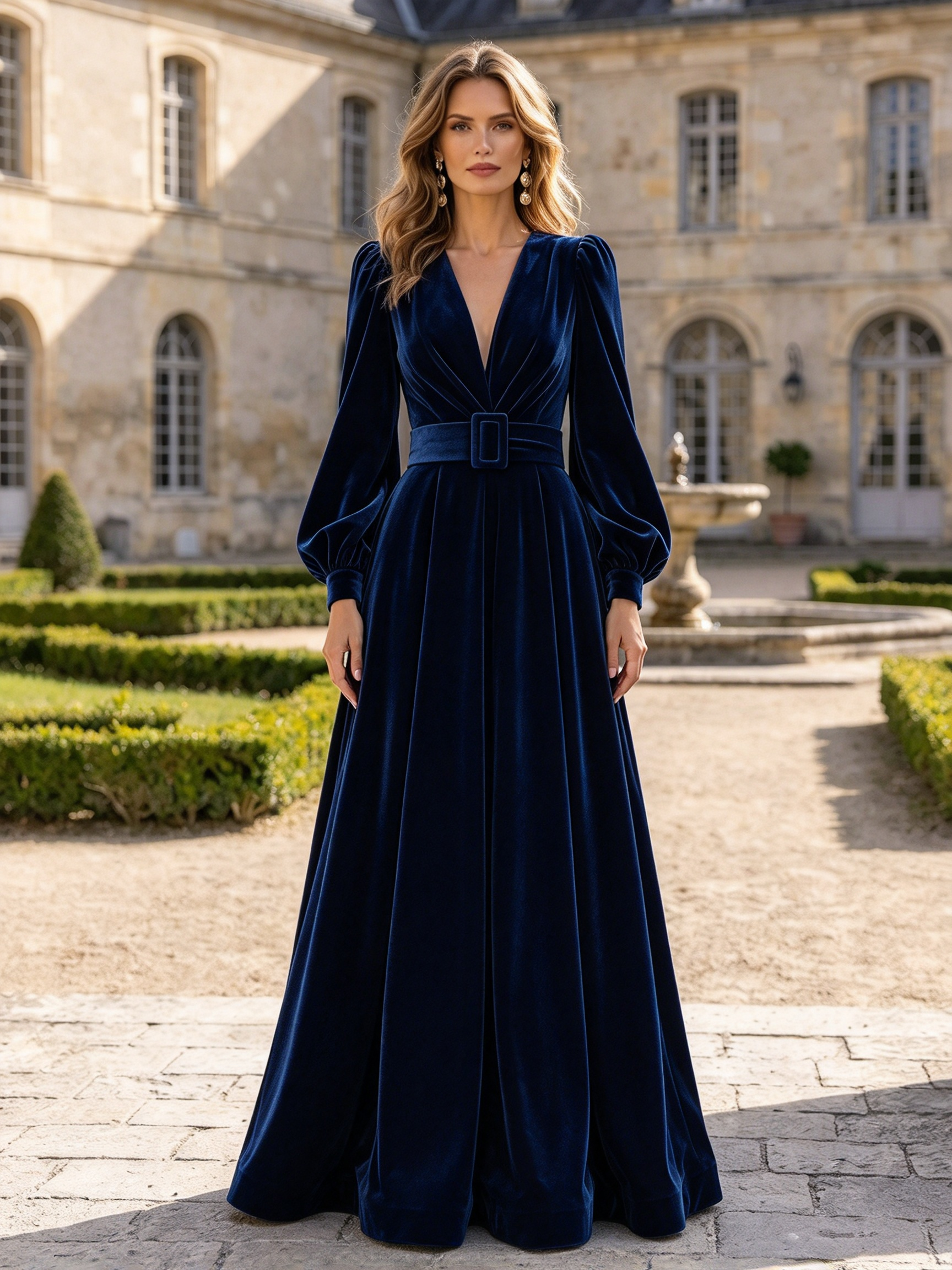 Burgundy Velvet V-Neck Long Sleeve Belted A-Line Maxi Dress