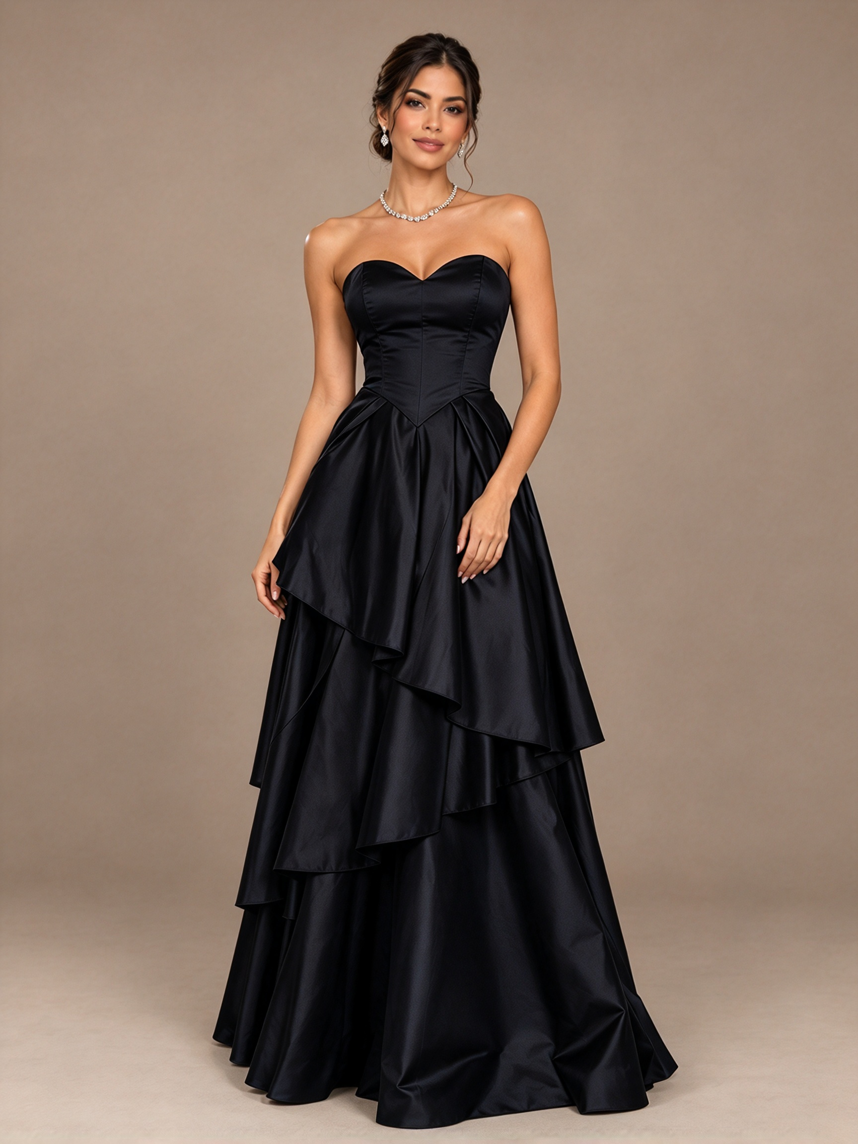 Navy Blue Strapless Sweetheart Tiered Ruffle A-Line Maxi Dress