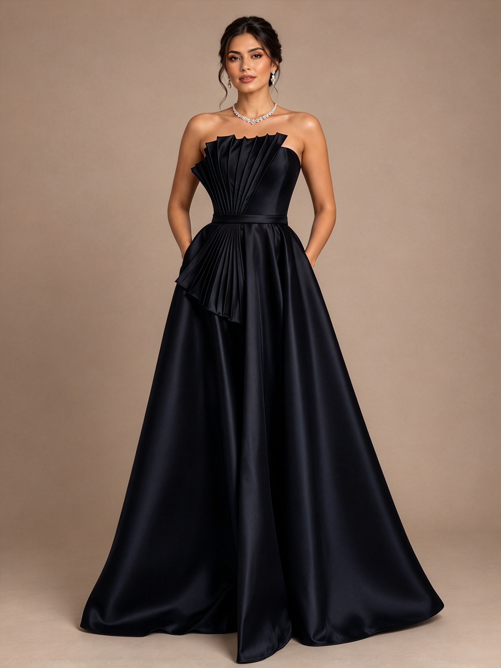 Navy Blue Strapless Pleated Fan A-Line Maxi Dress