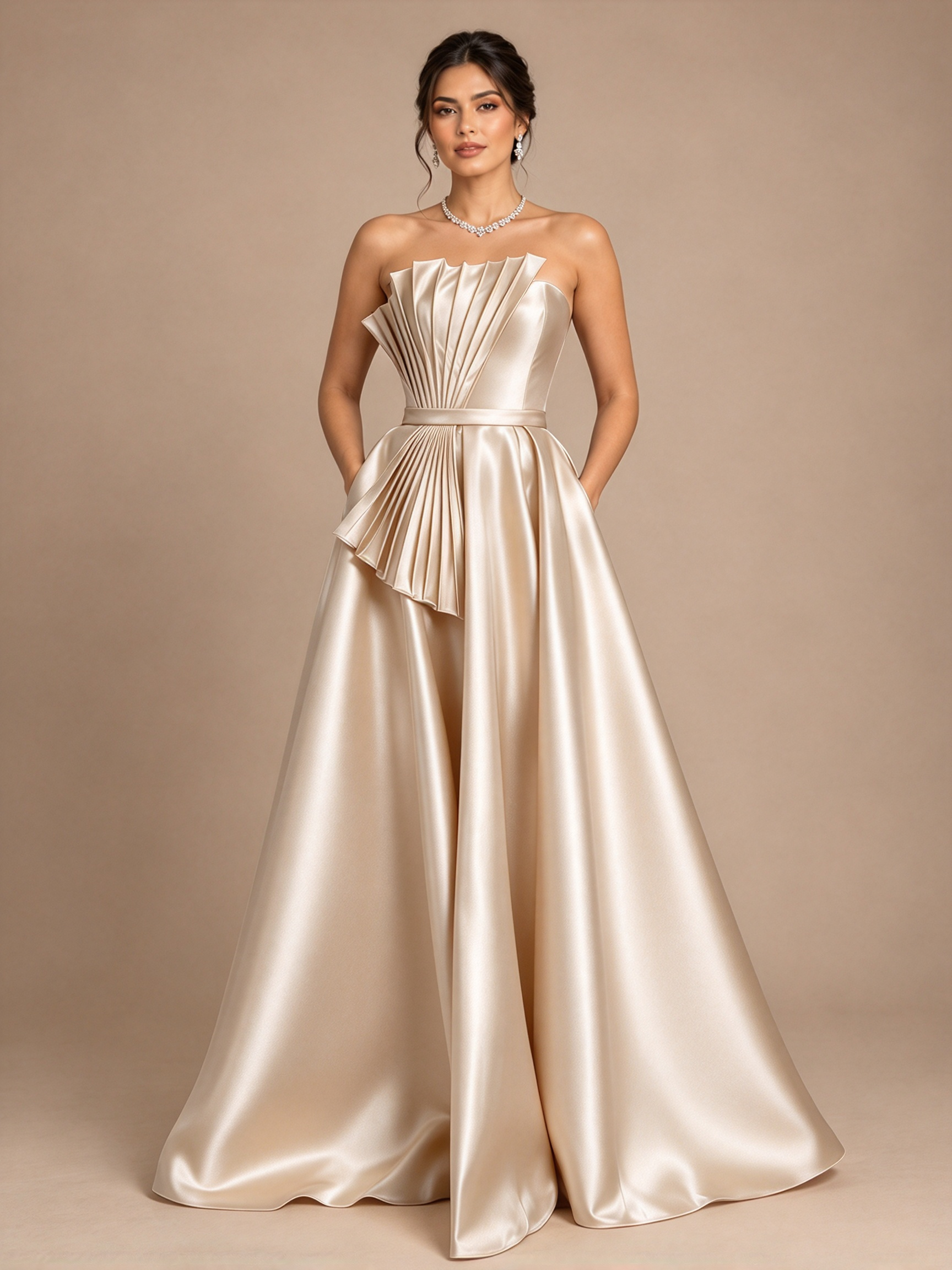 Navy Blue Strapless Pleated Fan A-Line Maxi Dress