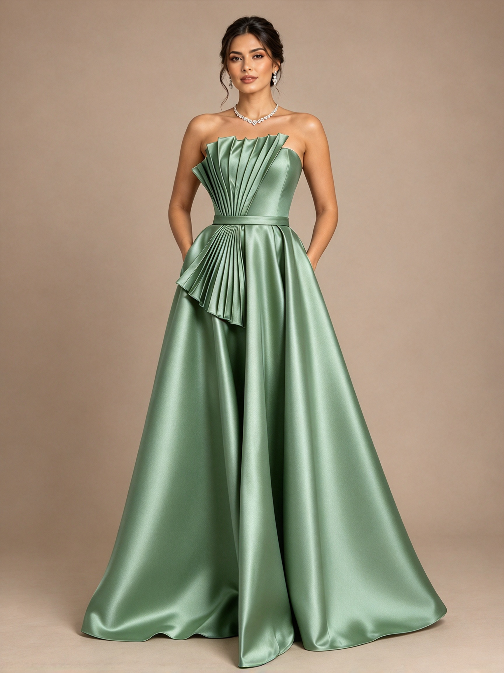 Navy Blue Strapless Pleated Fan A-Line Maxi Dress
