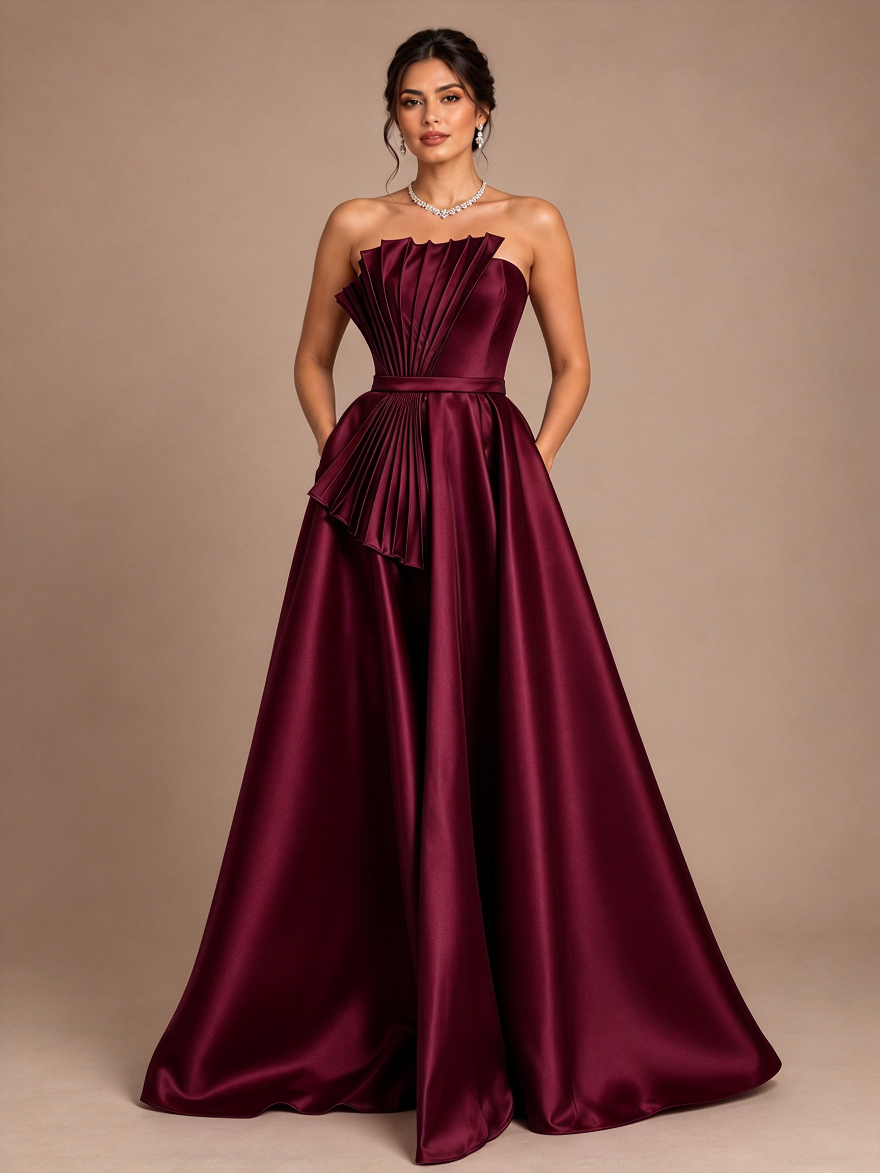 Navy Blue Strapless Pleated Fan A-Line Maxi Dress