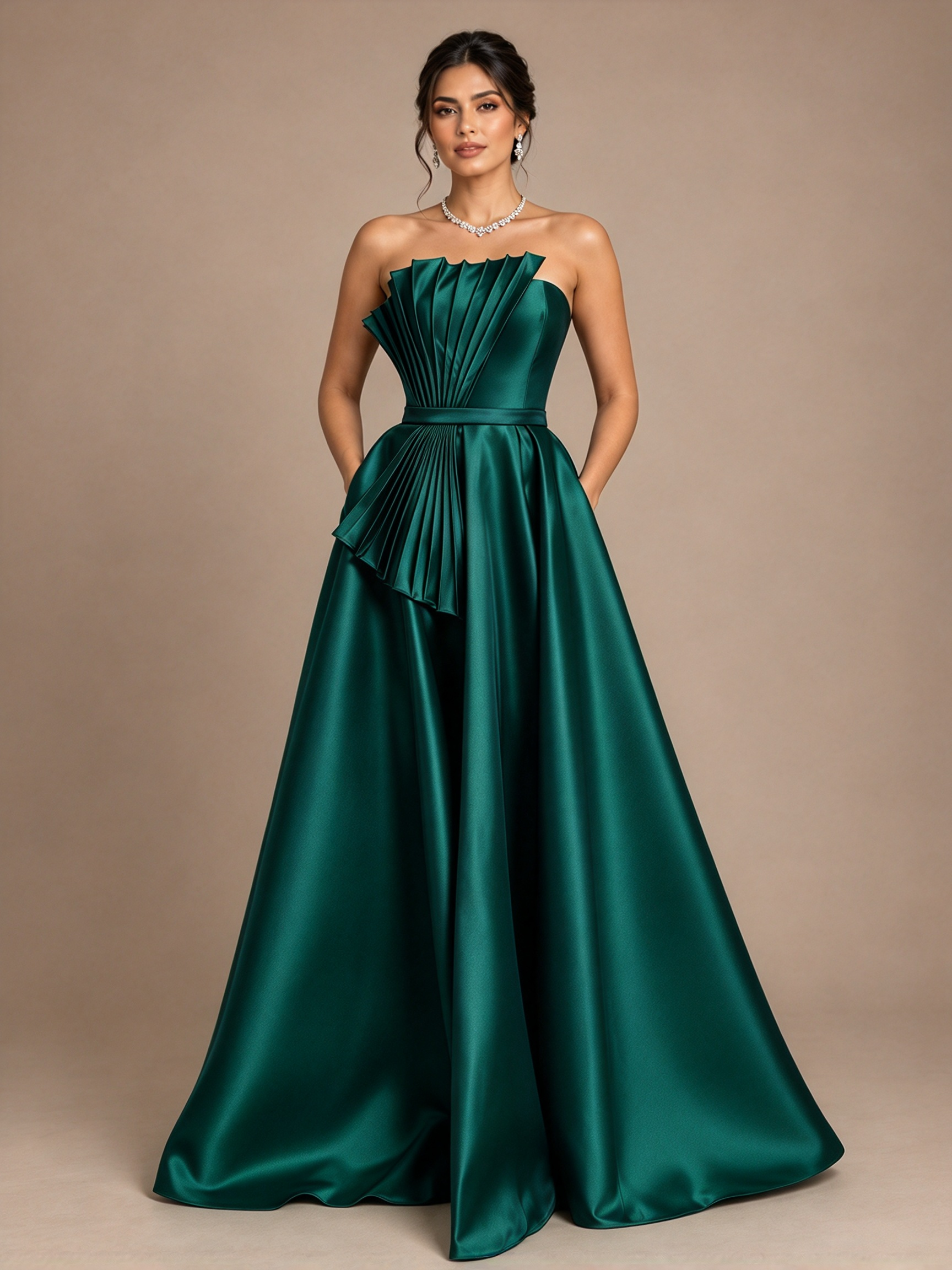 Navy Blue Strapless Pleated Fan A-Line Maxi Dress
