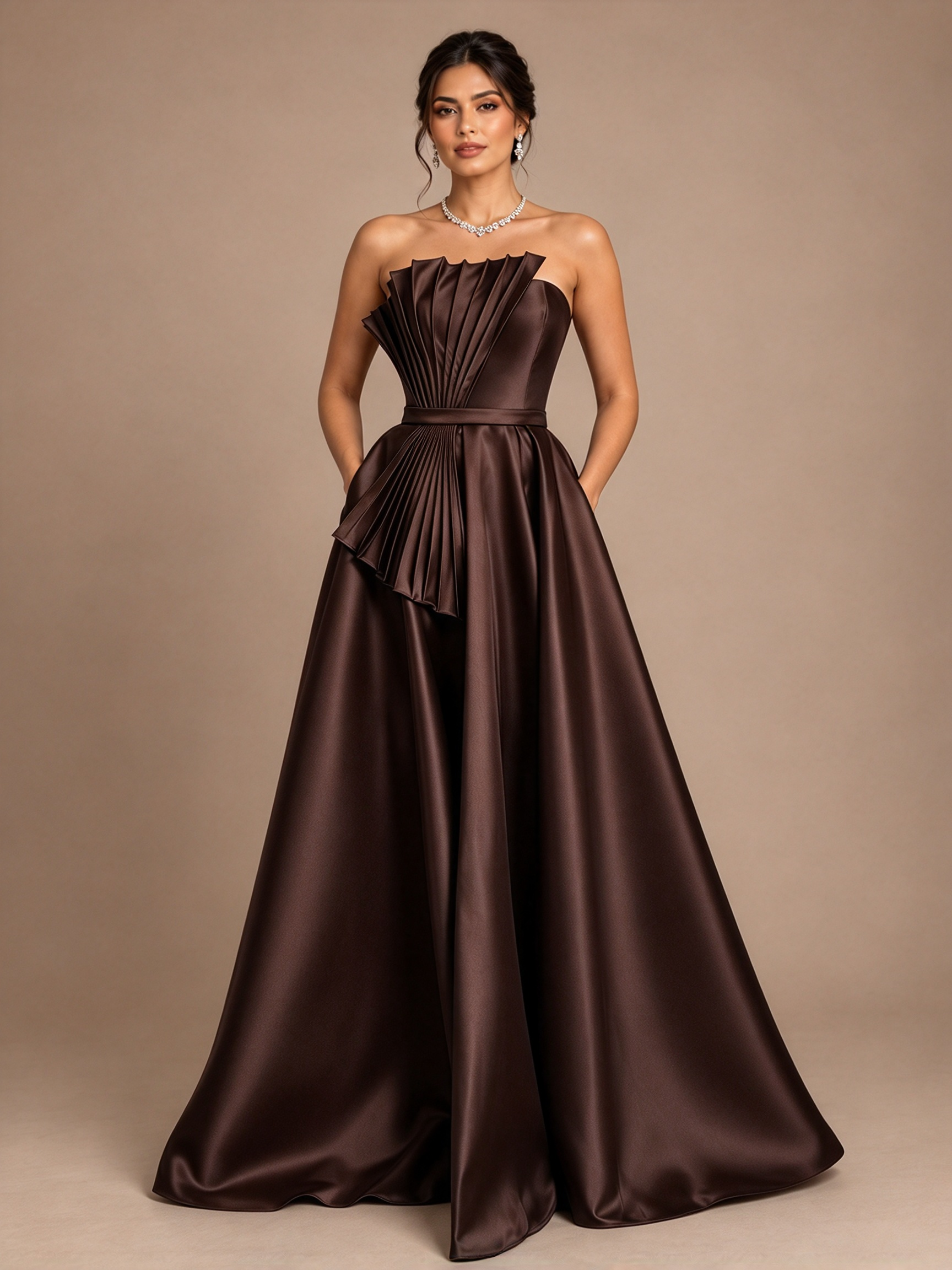 Navy Blue Strapless Pleated Fan A-Line Maxi Dress