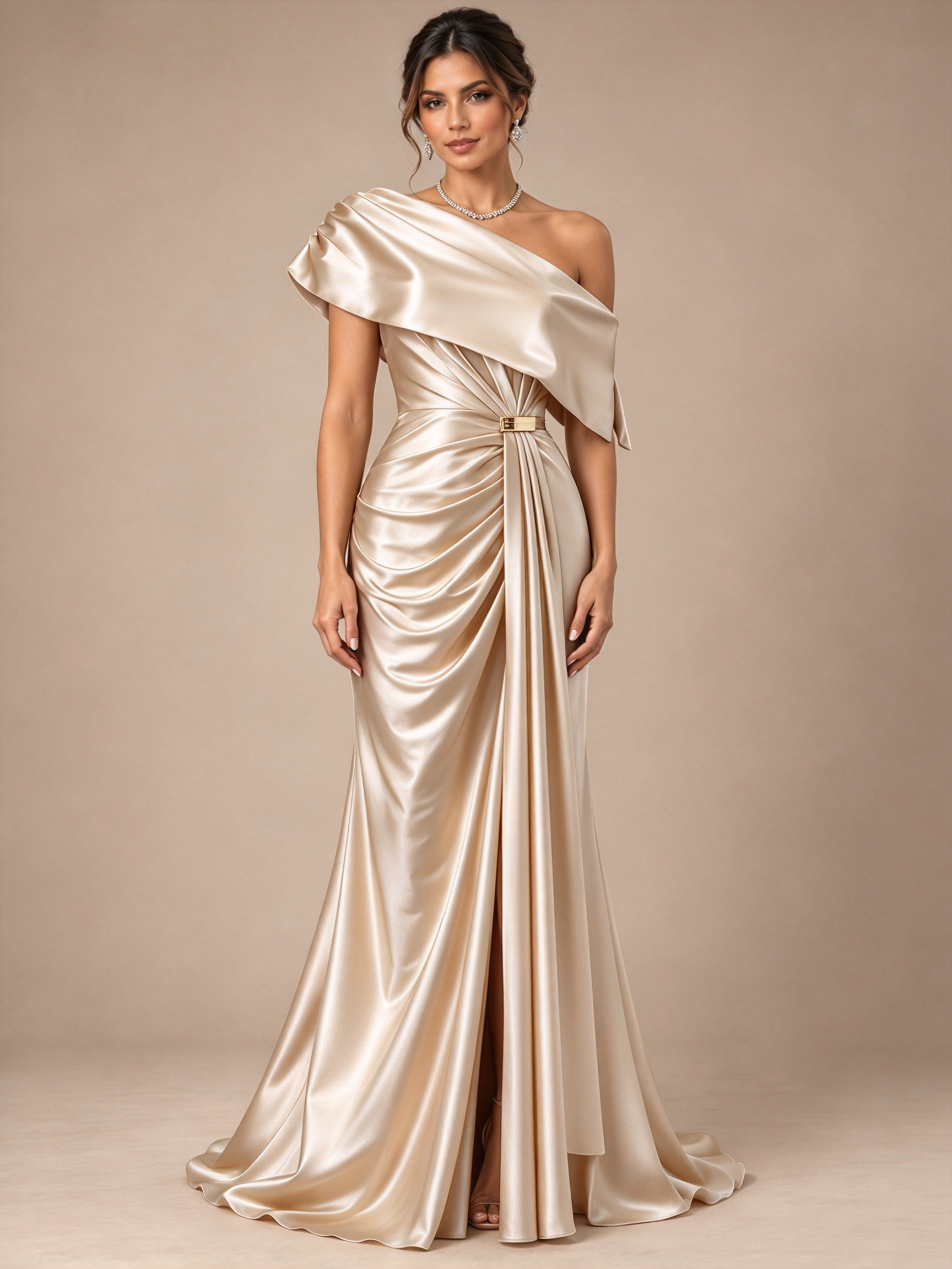 Navy Blue One-Shoulder Draped Buckle Mermaid Maxi Dress