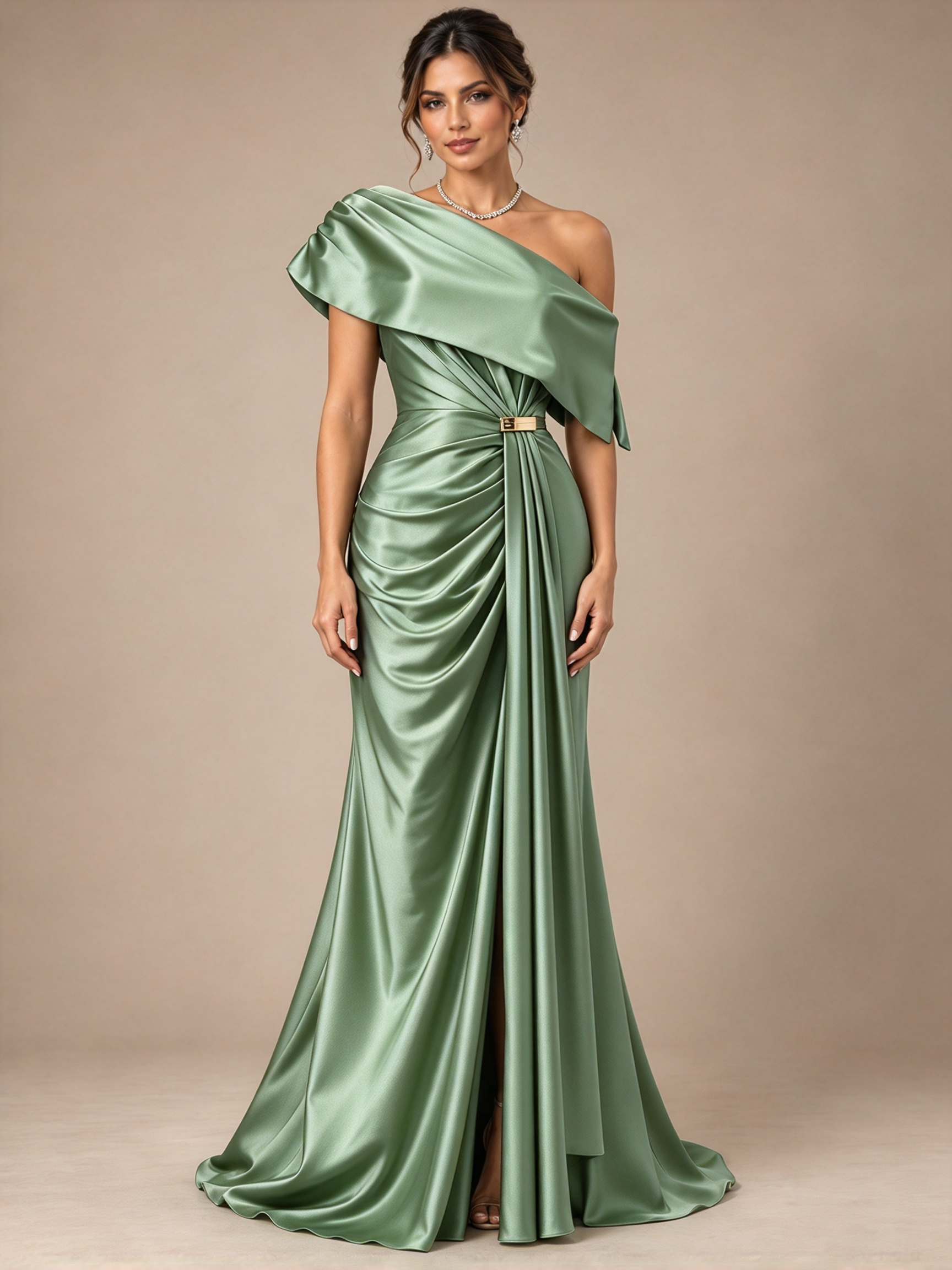 Navy Blue One-Shoulder Draped Buckle Mermaid Maxi Dress