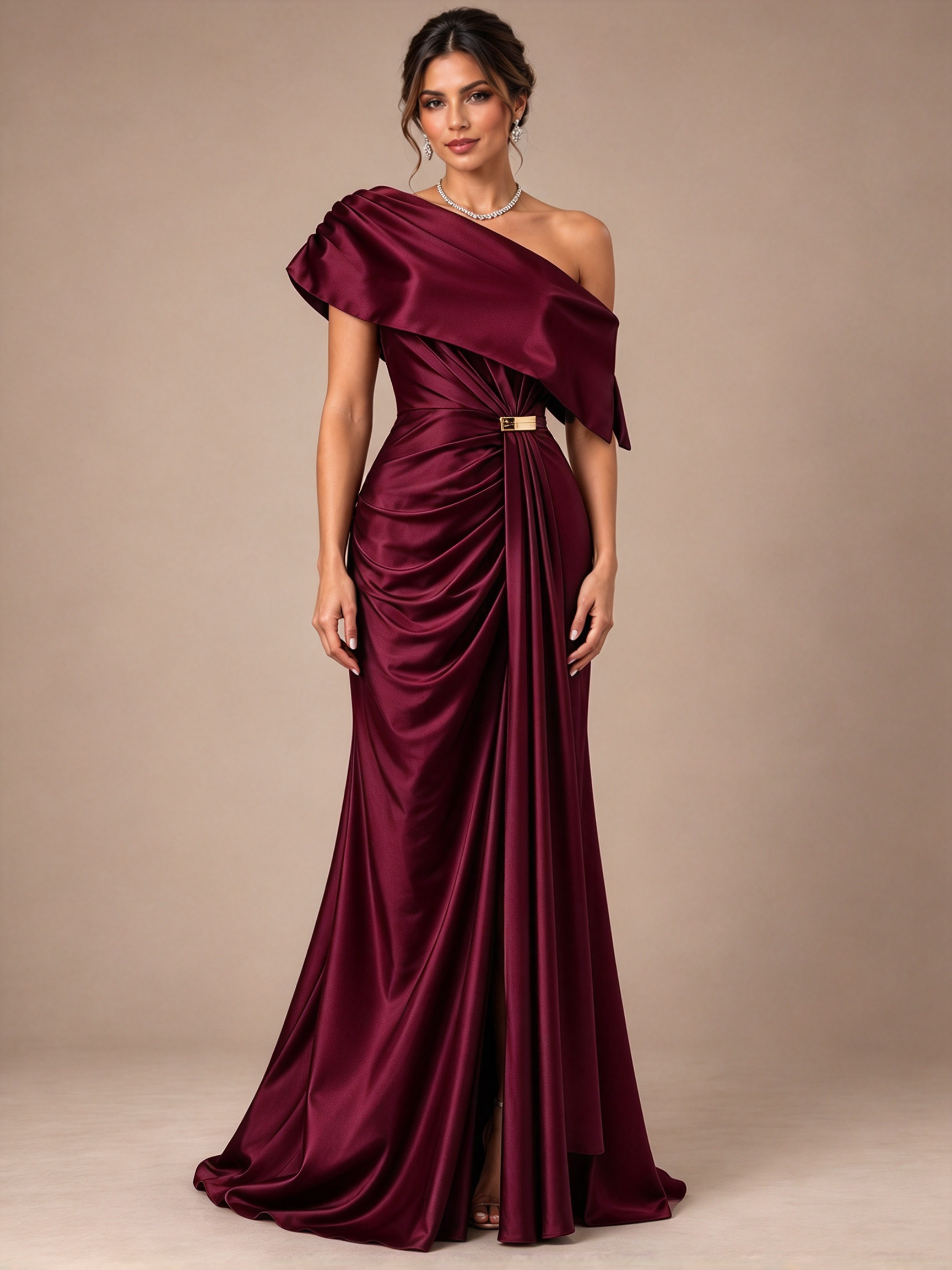 Navy Blue One-Shoulder Draped Buckle Mermaid Maxi Dress