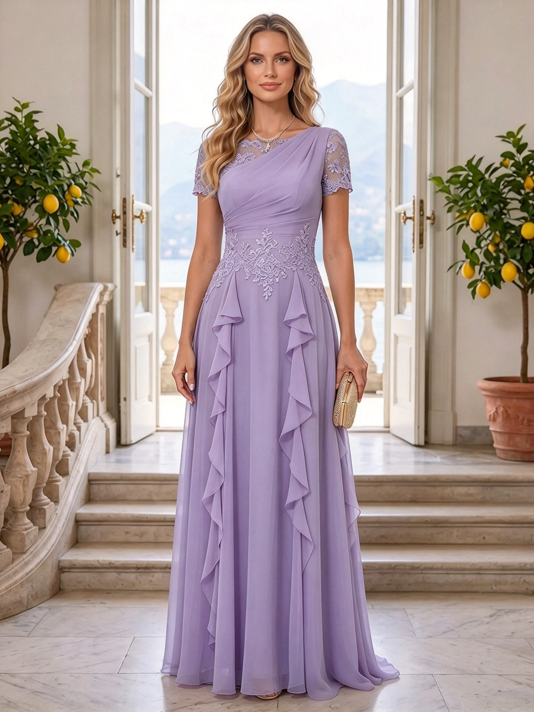 Dusty Blue Asymmetrical Lace Ruffle A-Line Maxi Dress