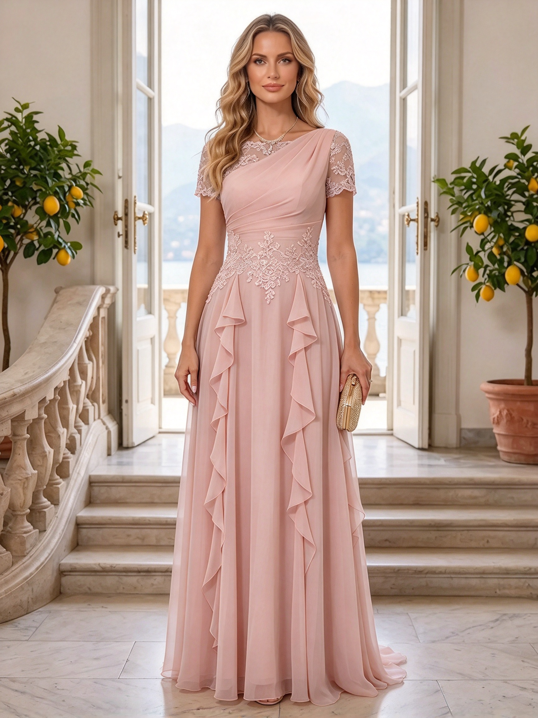 Dusty Blue Asymmetrical Lace Ruffle A-Line Maxi Dress
