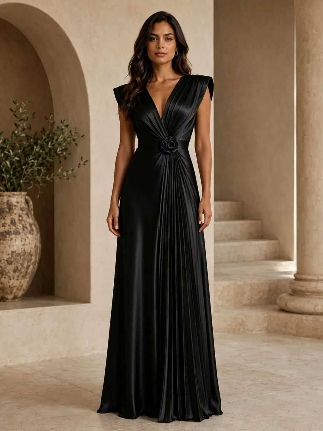 Taupe Deep-V Sleeveless Floral Waist Pleated Maxi Dress