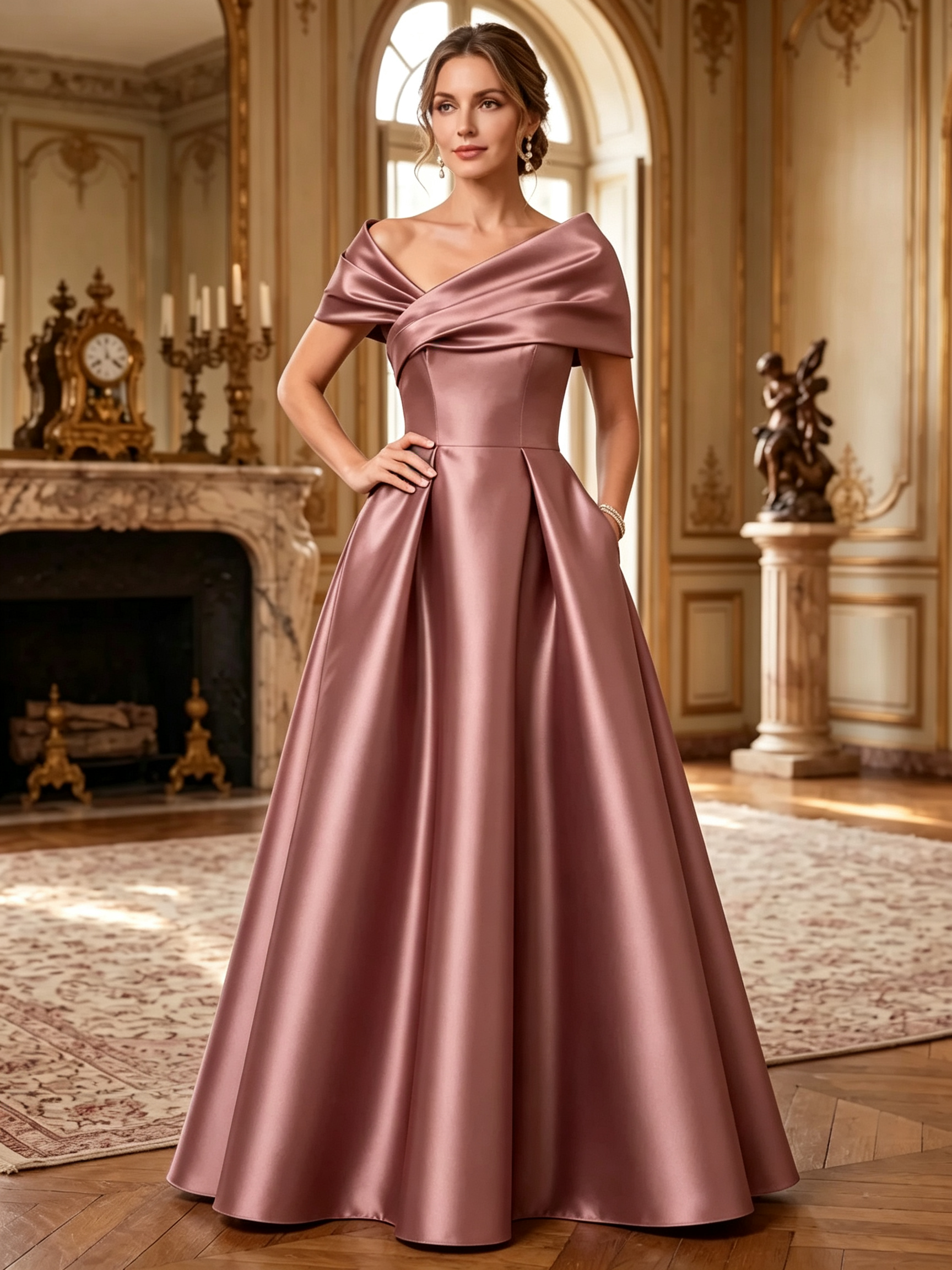 Dark Green Satin Off Shoulder Ruched Backless A-Line Maxi Dress