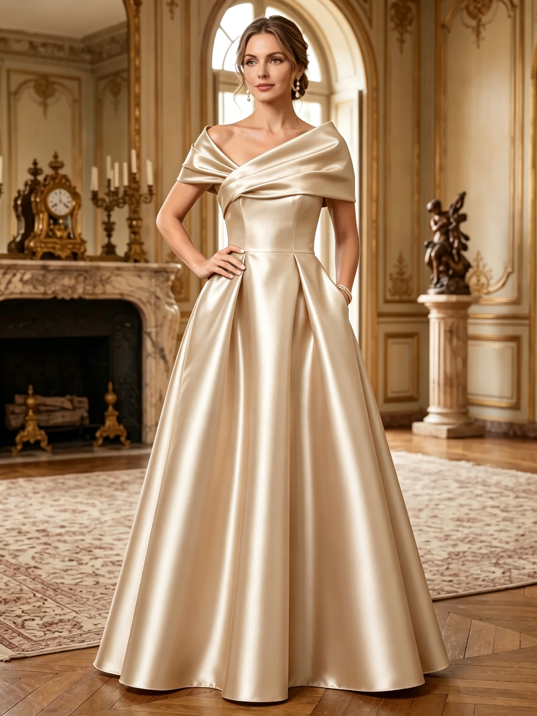 Dark Green Satin Off Shoulder Ruched Backless A-Line Maxi Dress