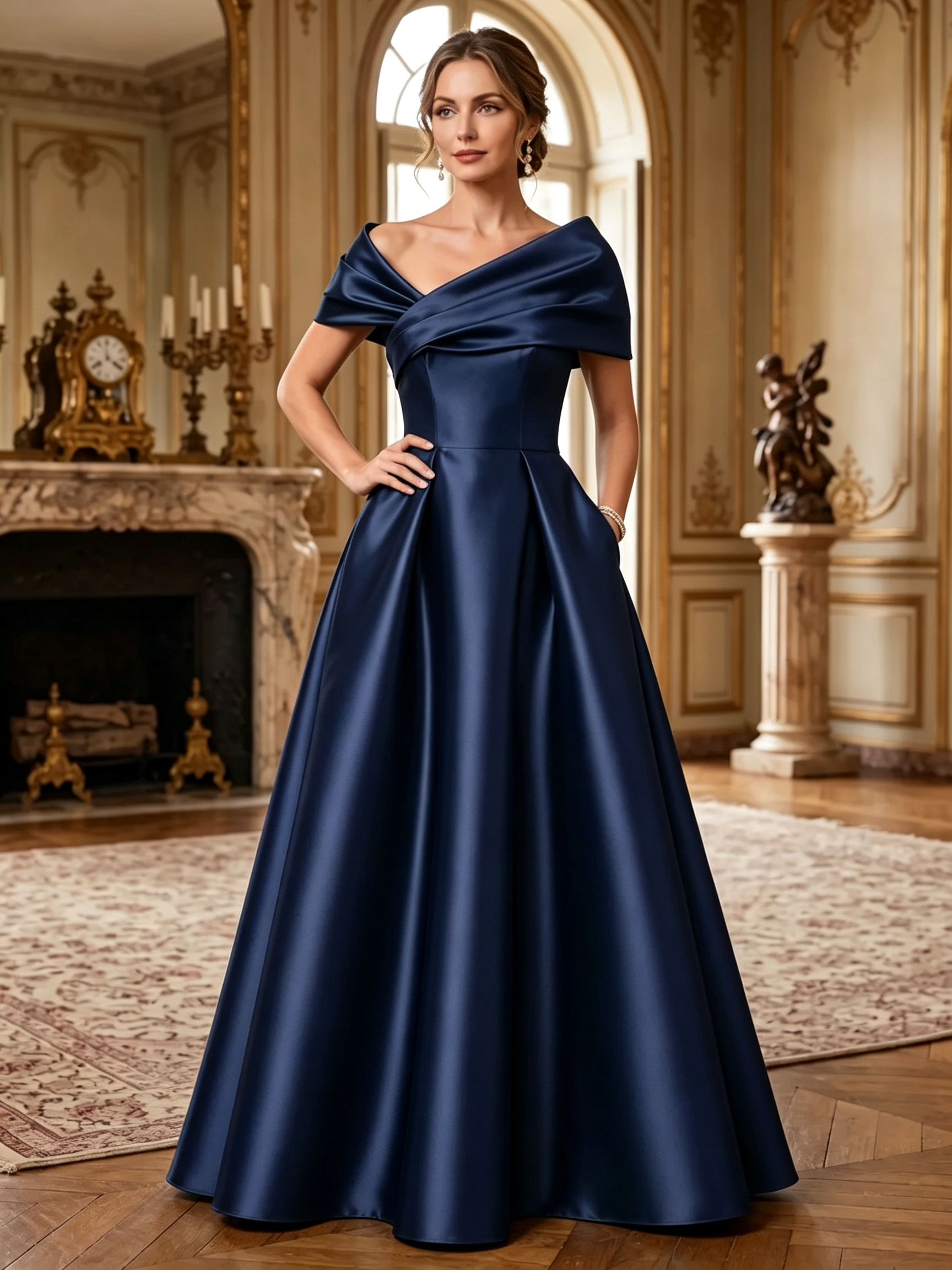 Dark Green Satin Off Shoulder Ruched Backless A-Line Maxi Dress