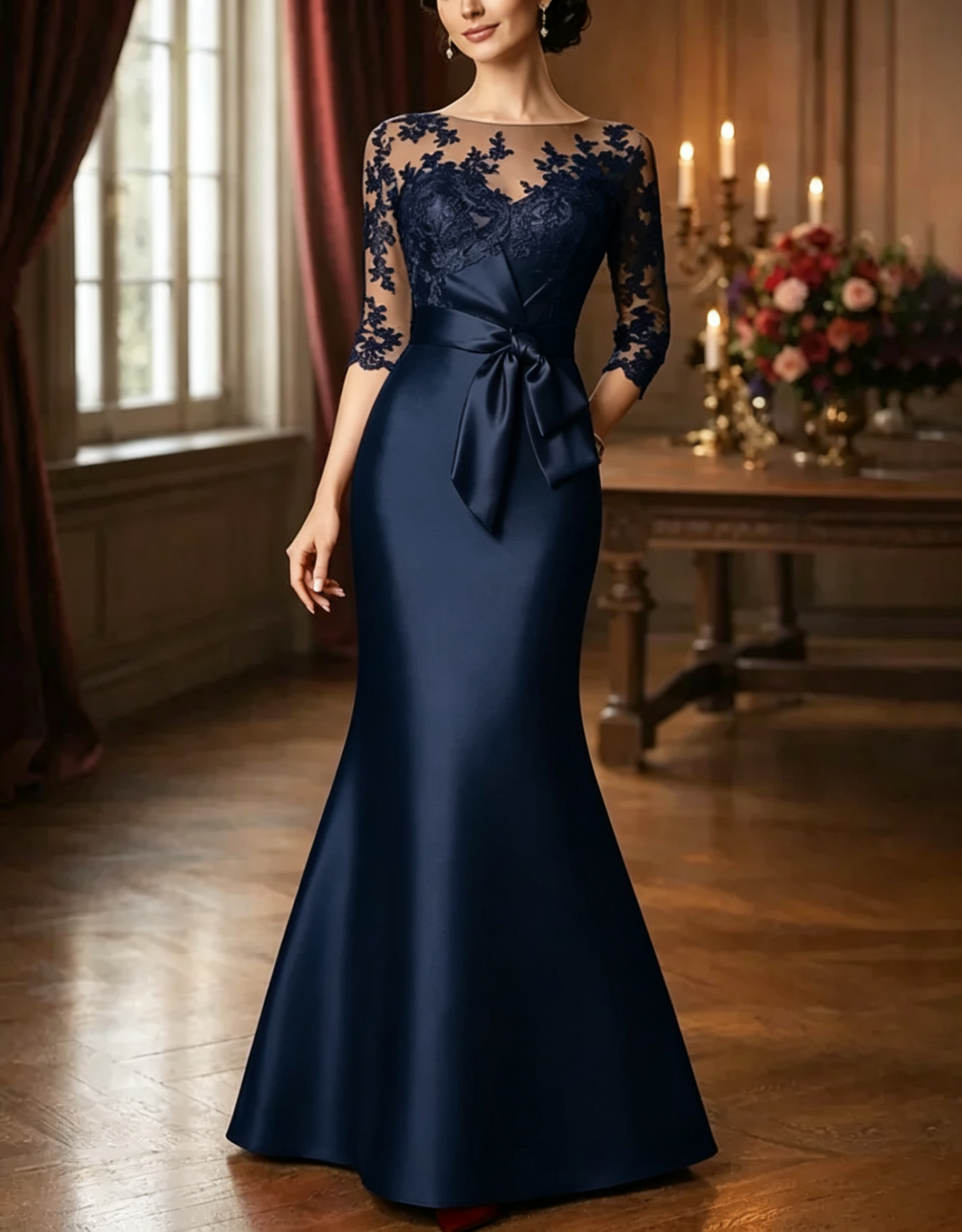 Solid Color Lace Patchwork Satin Fishtail Maxi Dress
