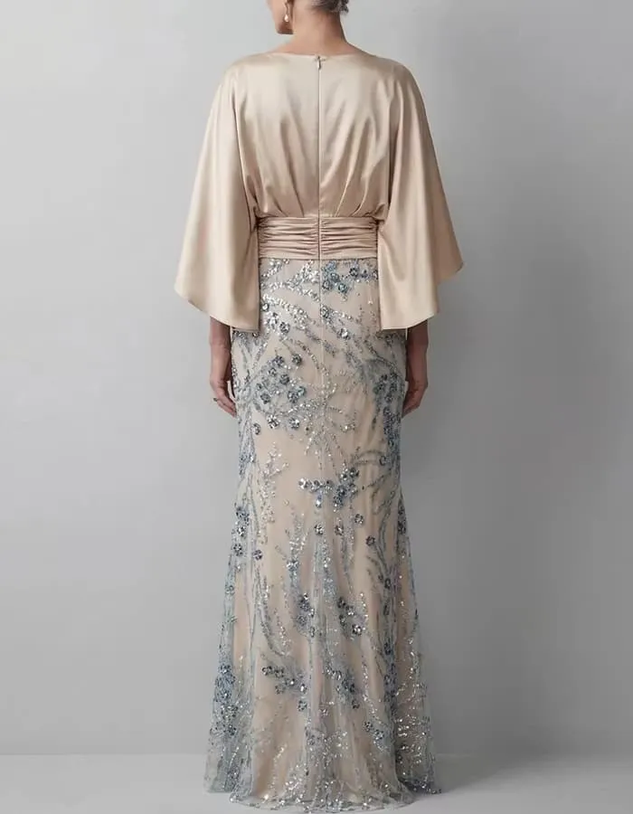 Champagne Cape Sleeve Ruched Sequin Mermaid Dress