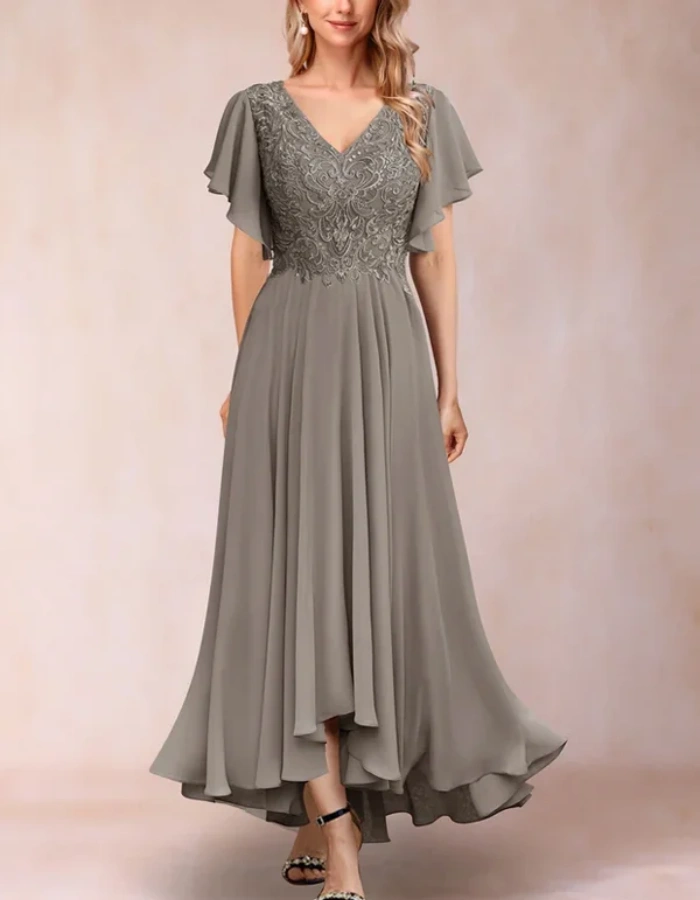 A-line V-neck Short Sleeved Chiffon Maxi Dress