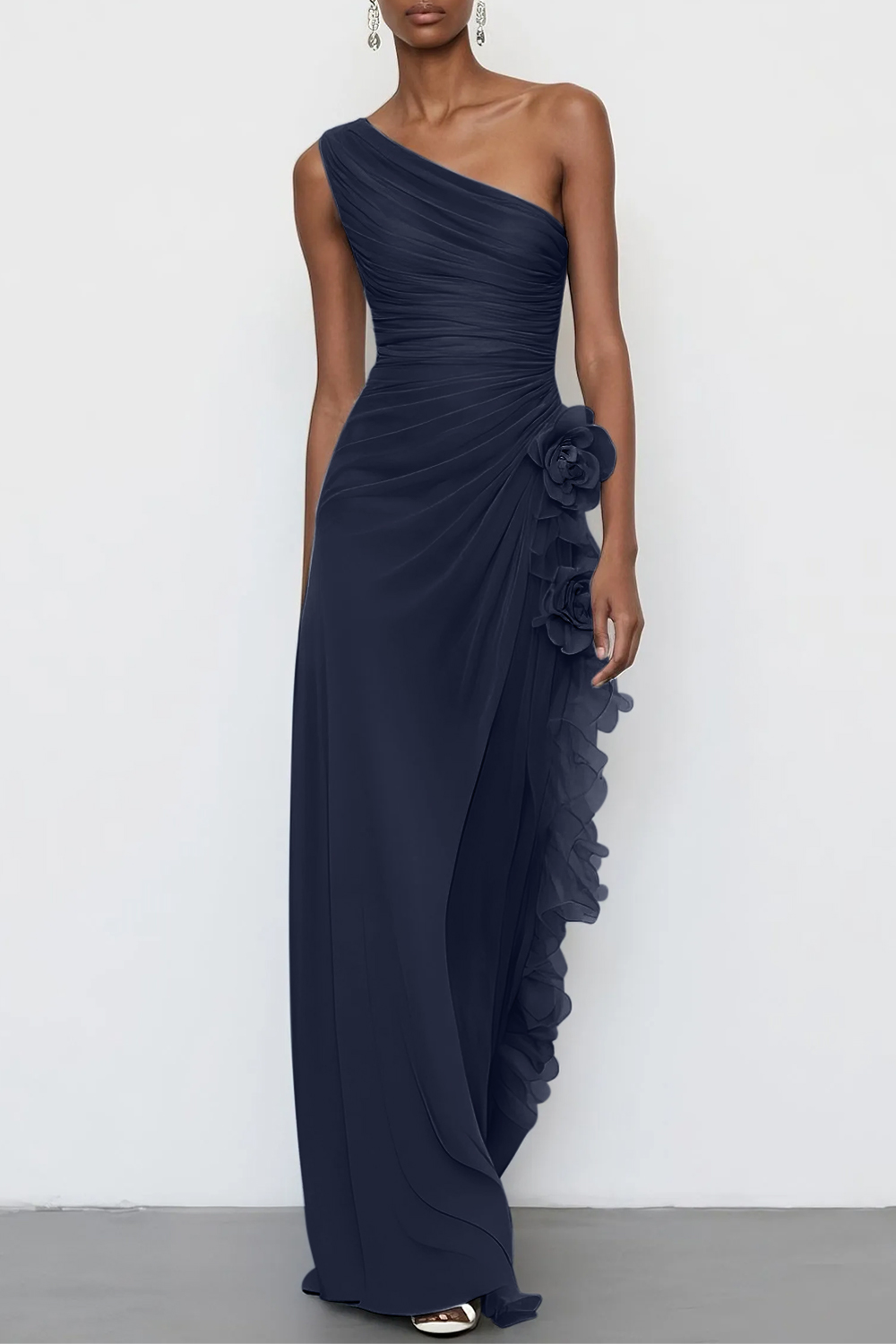 Light Blue 3D Floral Chiffon One Shoulder Sleeveless Sheath Maxi Dress