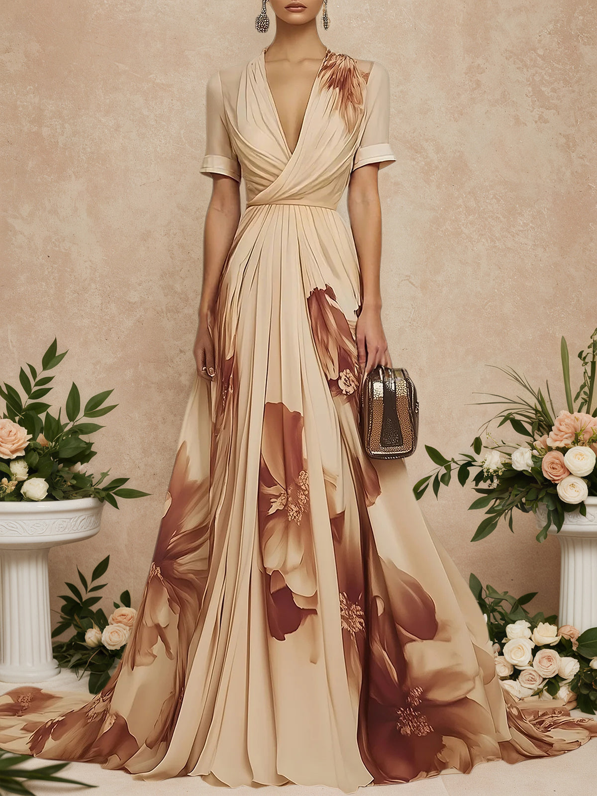 Beige Floral Chiffon V Neck Short Sleeve A-Line Gown Dress