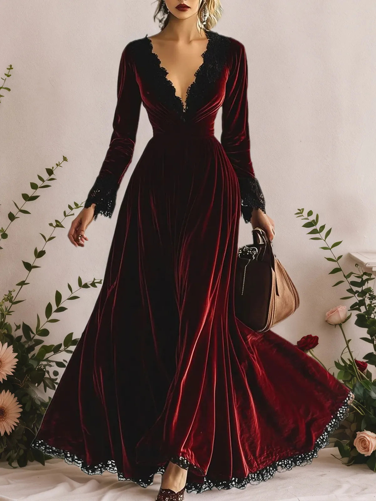 Fashion Retro V-neck Lace Splicing Long Sleeve Maxi Dress