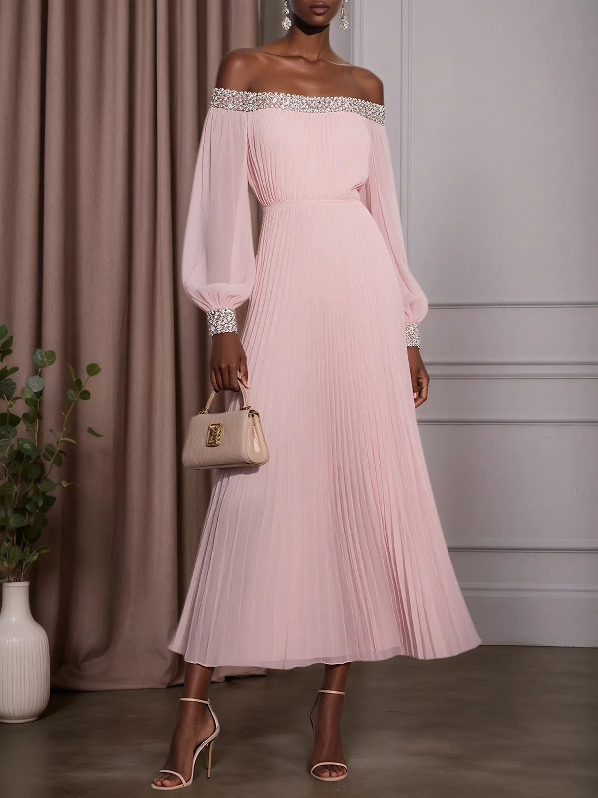 Pink Pleated Hotfix Embellished Chiffon Off The Shoulder Long Sleeve Balloon Sleeve A-Line Maxi Dress