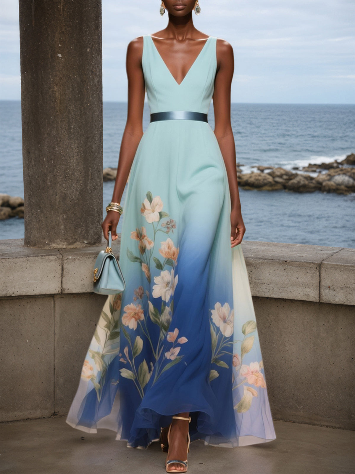 Light Blue Floral Chiffon V Neck Sleeveless A-Line Midi Dress