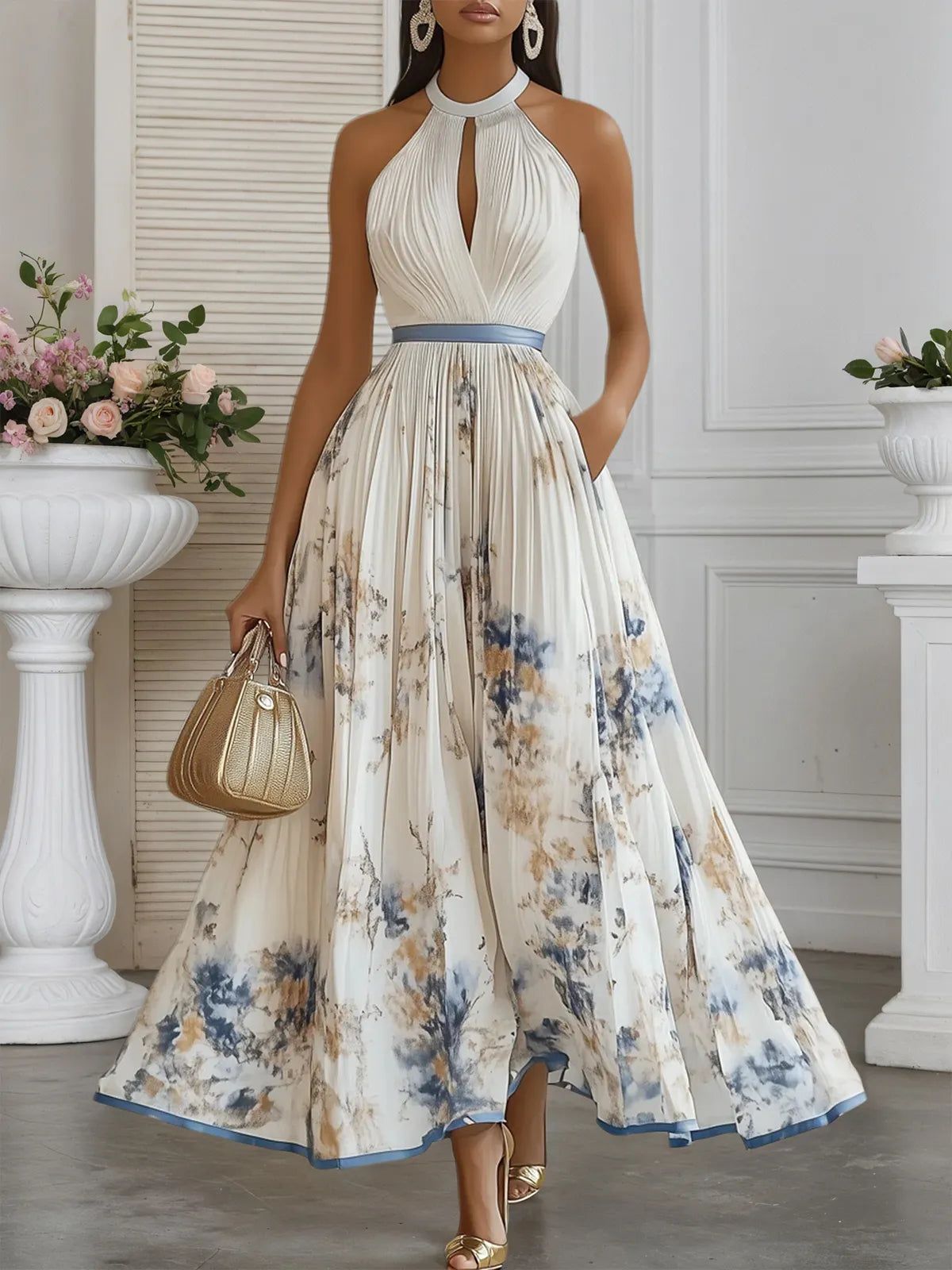 White Pleated Floral Chiffon Halter Sleeveless A-Line Maxi Dress