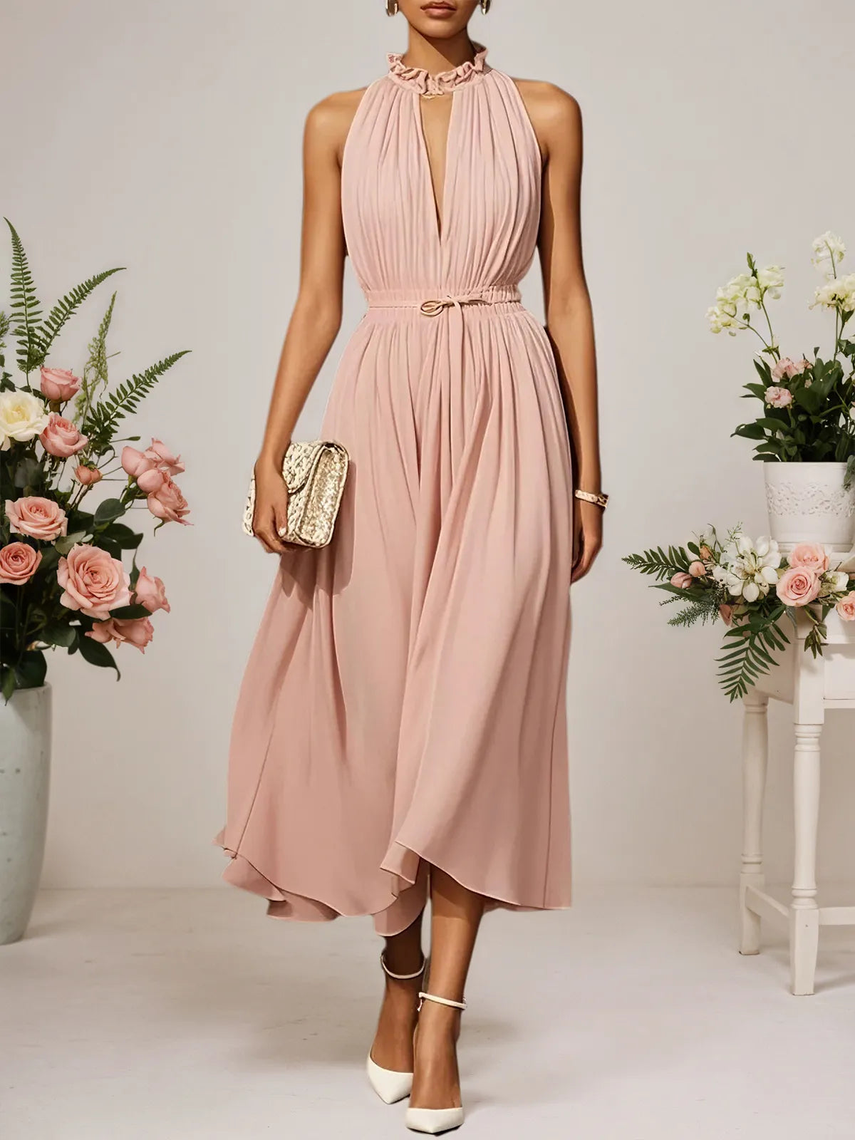 Pink Scramble Chiffon Lotus Leaf Collar Sleeveless A-Line Maxi Dress